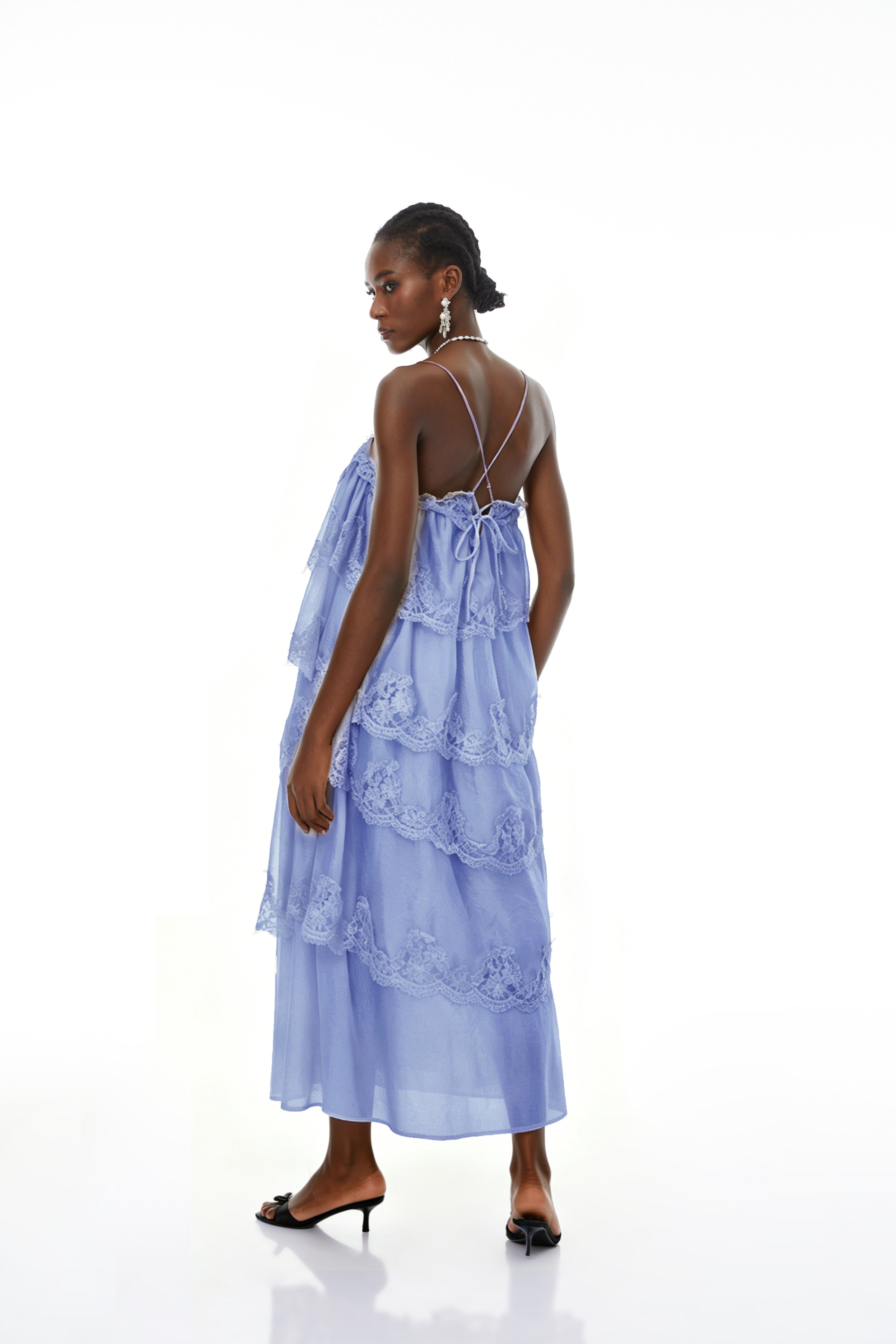 Rhema Blue Tiered Maxi Dress with Lace Trim (Final Sale-US Only)