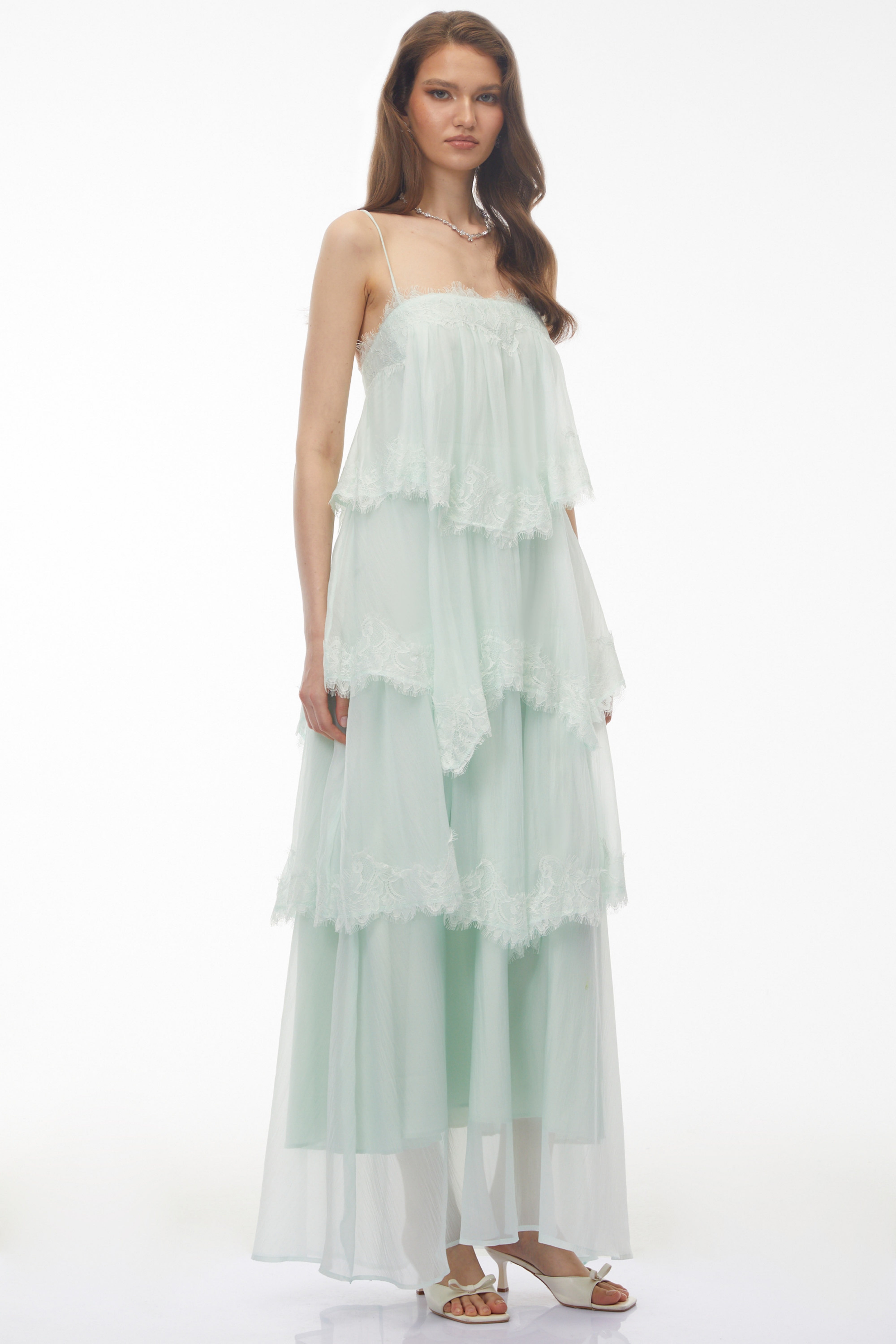 Mint Green Tiered Maxi Dress with Lace Trim and Spaghetti Straps