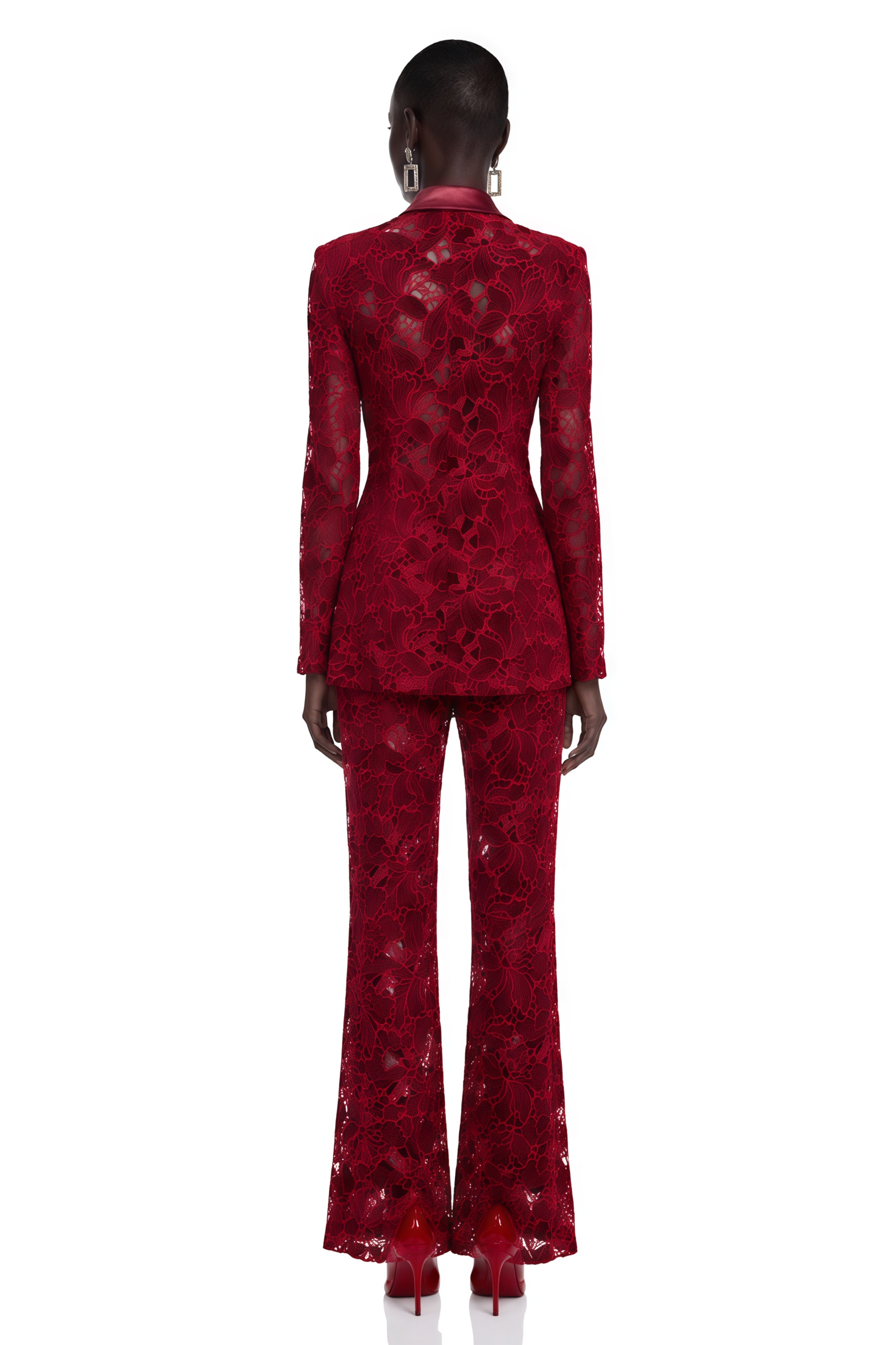 Romilda Burgundy Sheer Floral Lace Blazer & Trouser Set