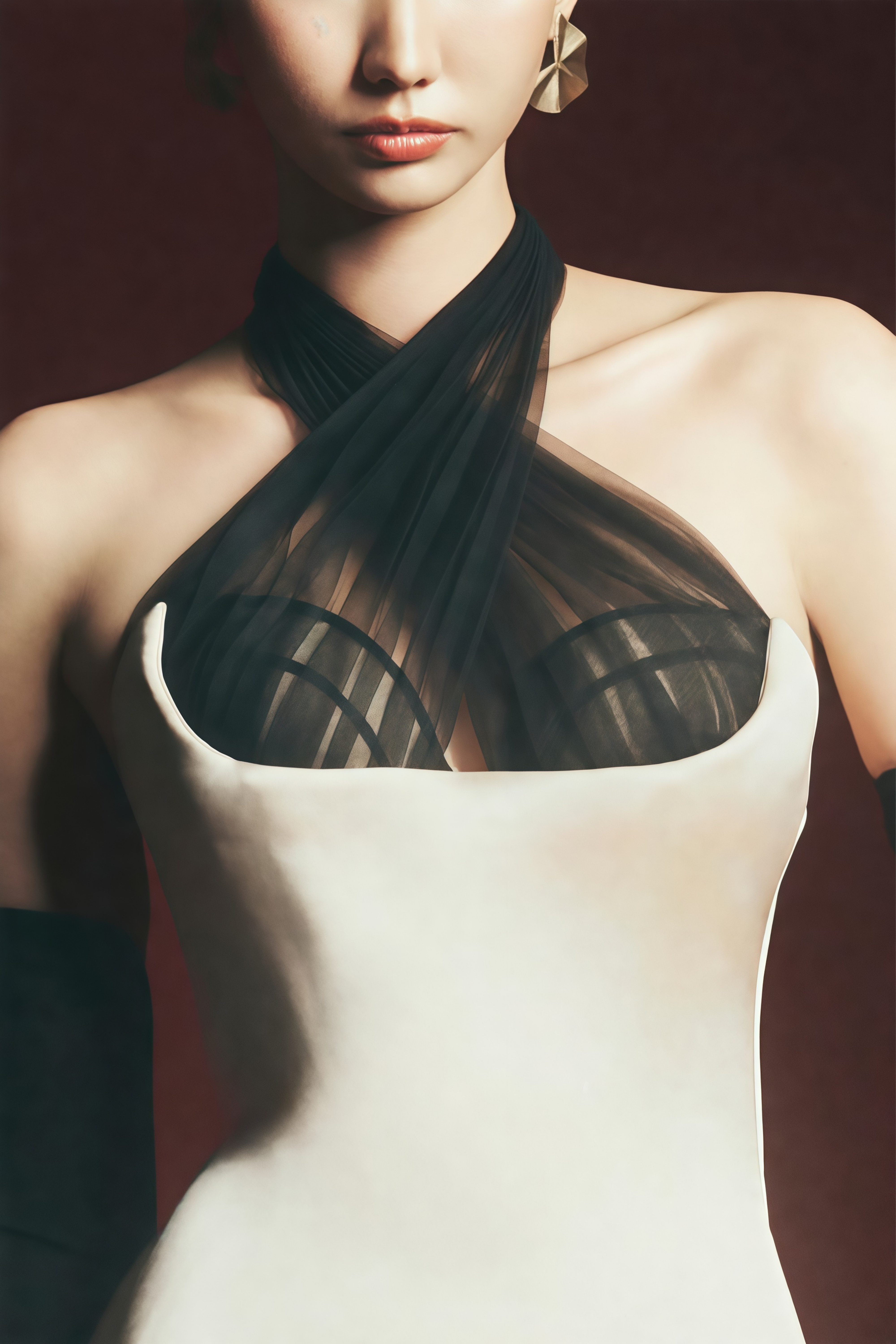 Ronit Champagne Satin Maxi Dress with Tulle Panels (Without Gloves)