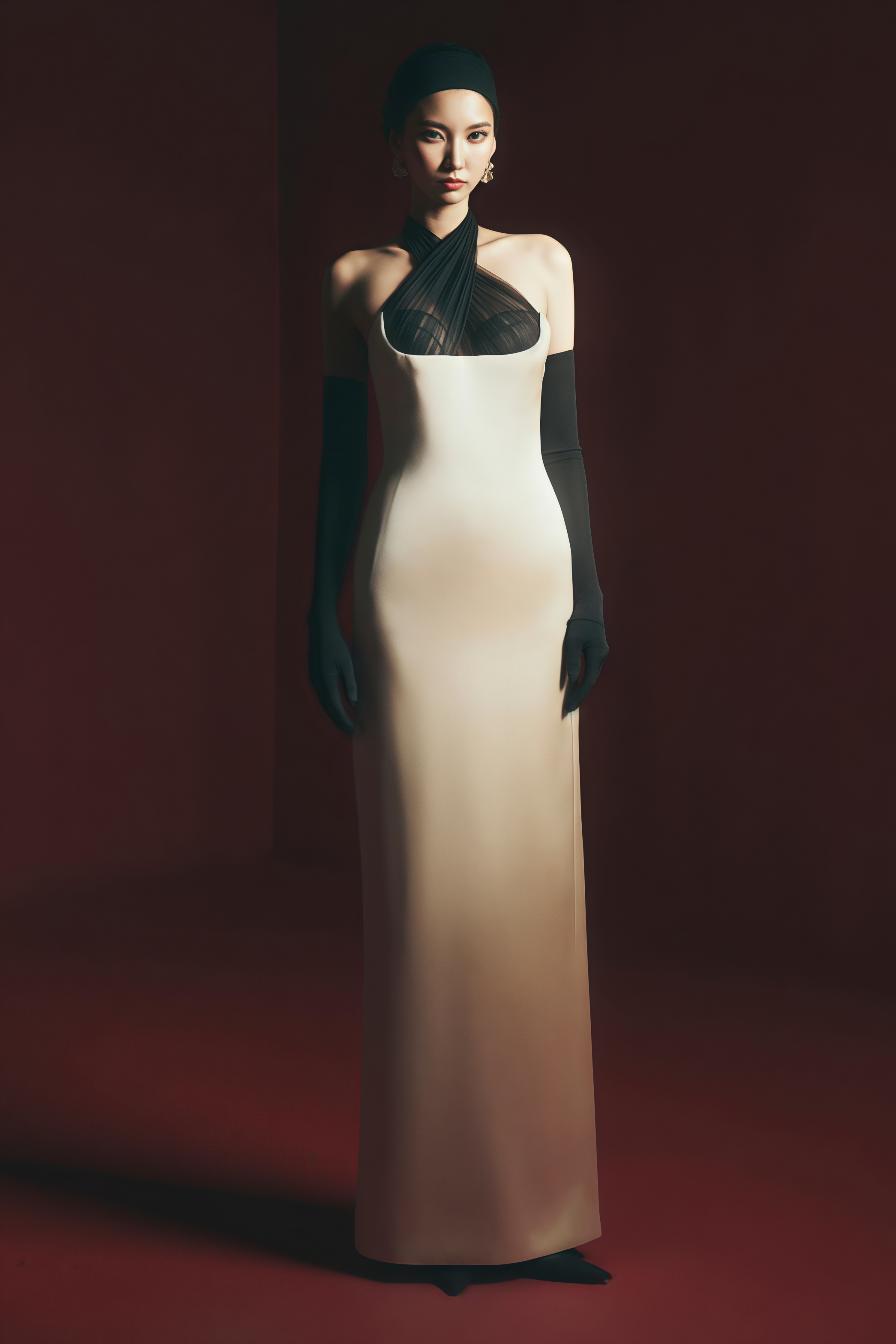 Ronit Champagne Satin Maxi Dress with Tulle Panels (Without Gloves)