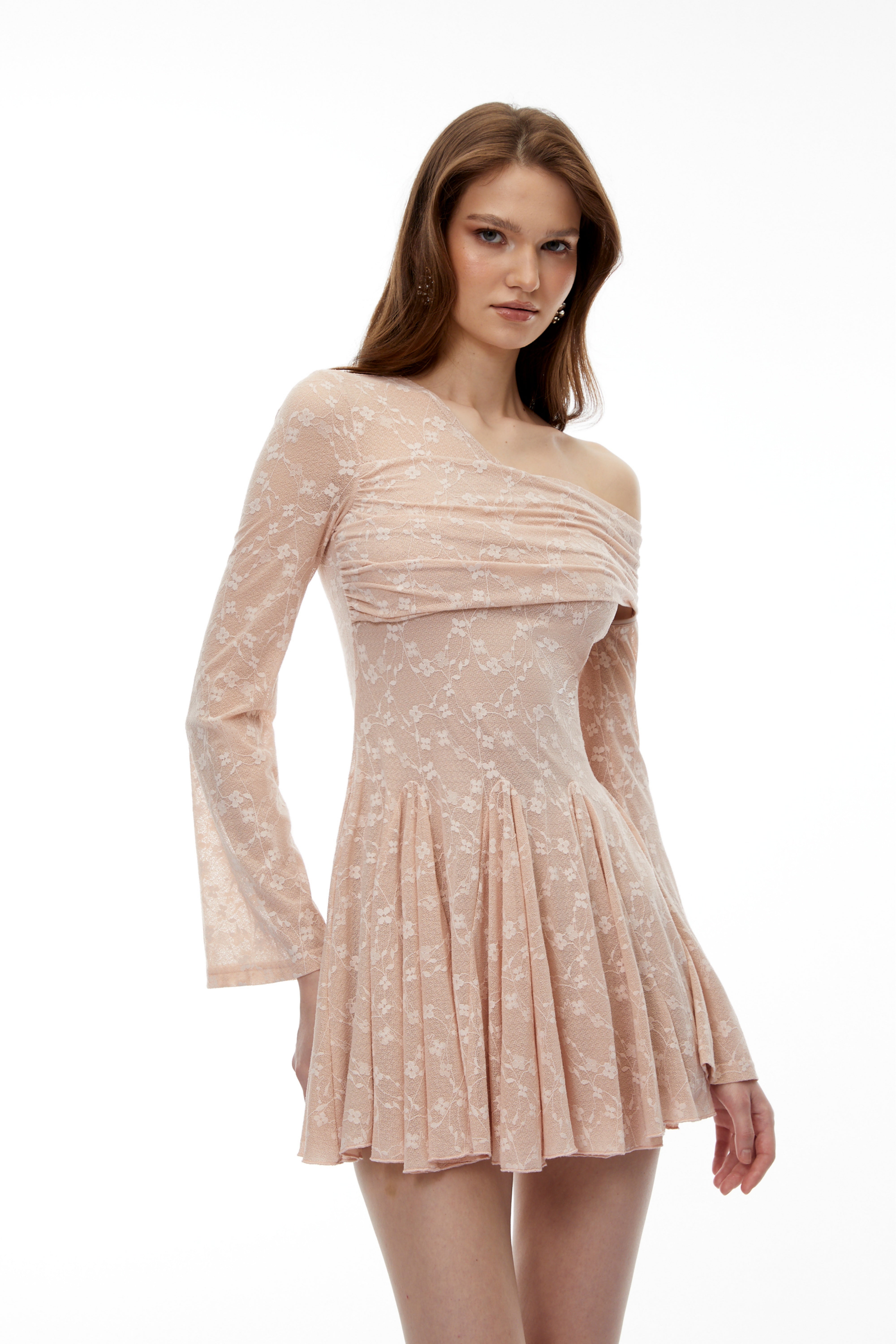 Rosalie Neutral One Shoulder Pleated Mini Dress (Final Sale)