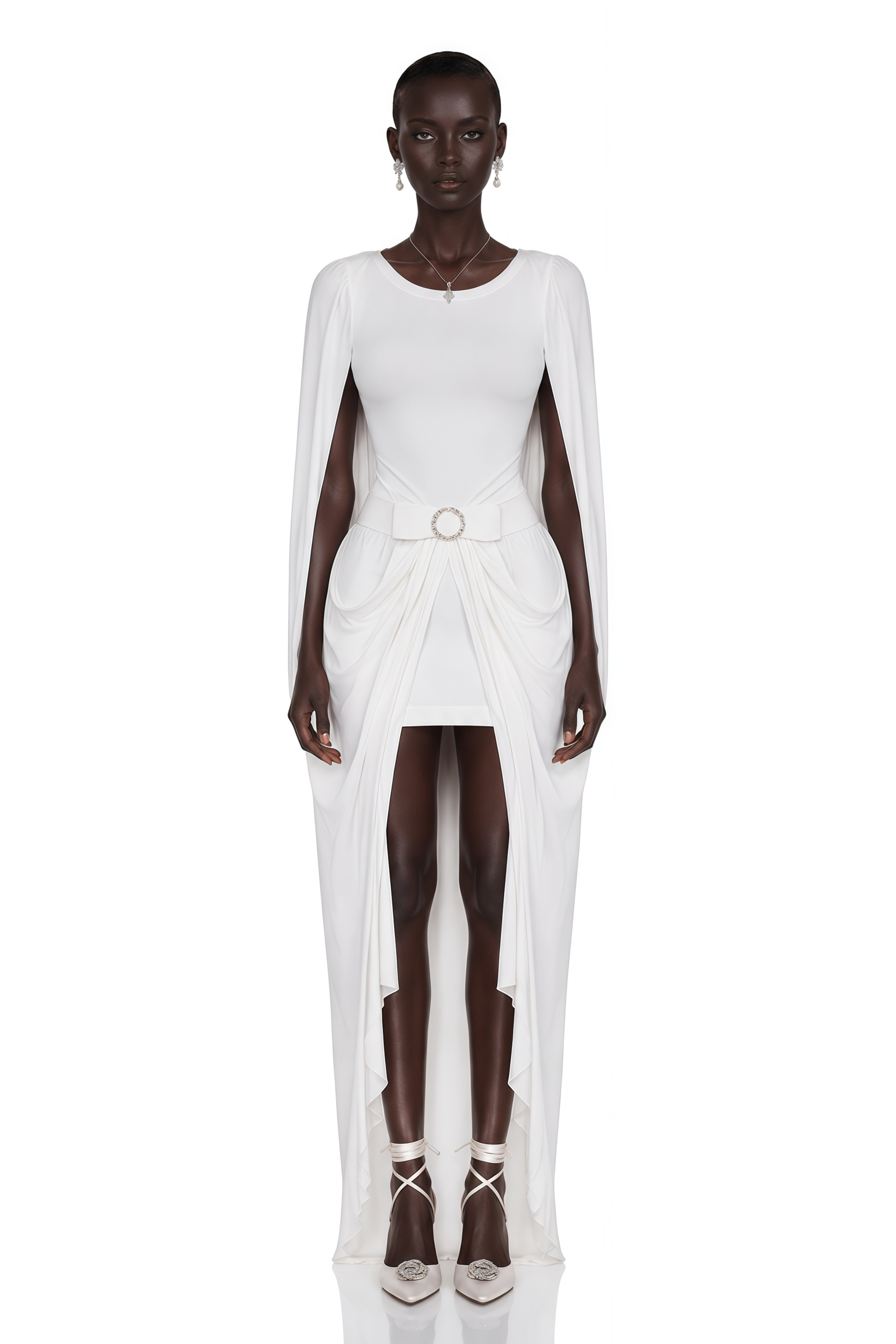 Rosalind White Round Neck Draped Mini Dress With Bow