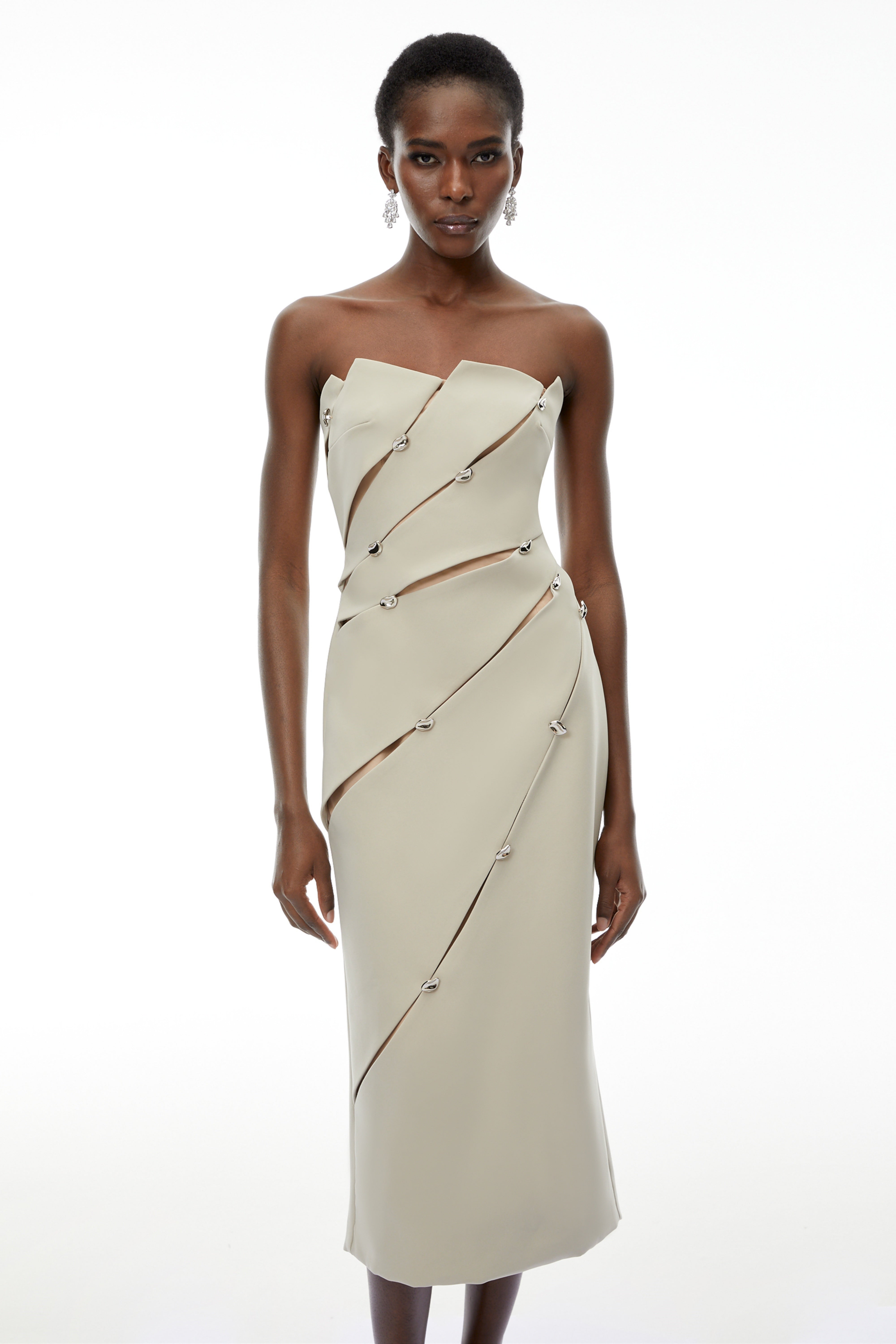 Rowena Khaki Asymmetrical Off Shoulder Midi Dress (Final Sale)