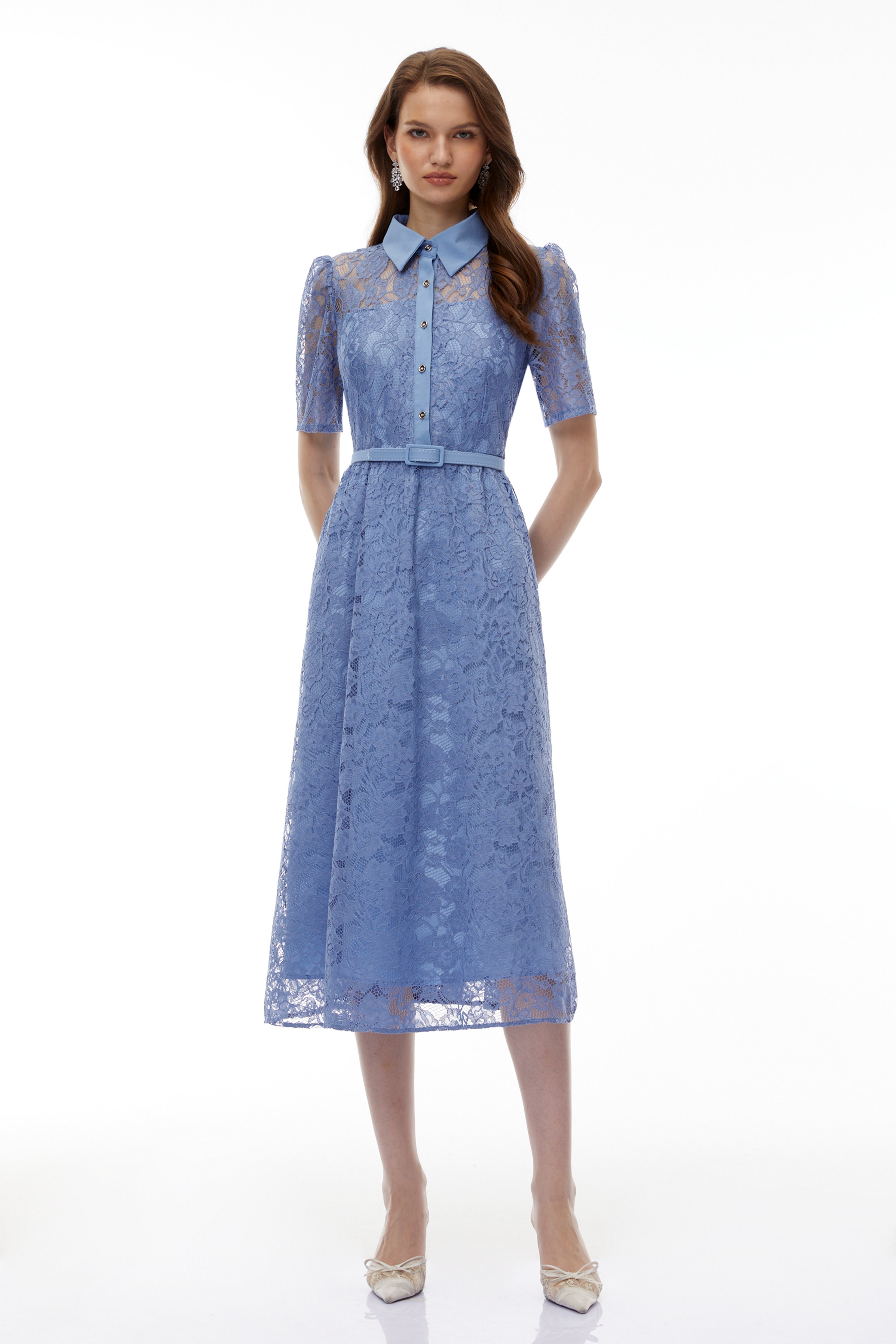Ruqayya Blue FLoral Lace Midi Dress (Final Sale-US Only)