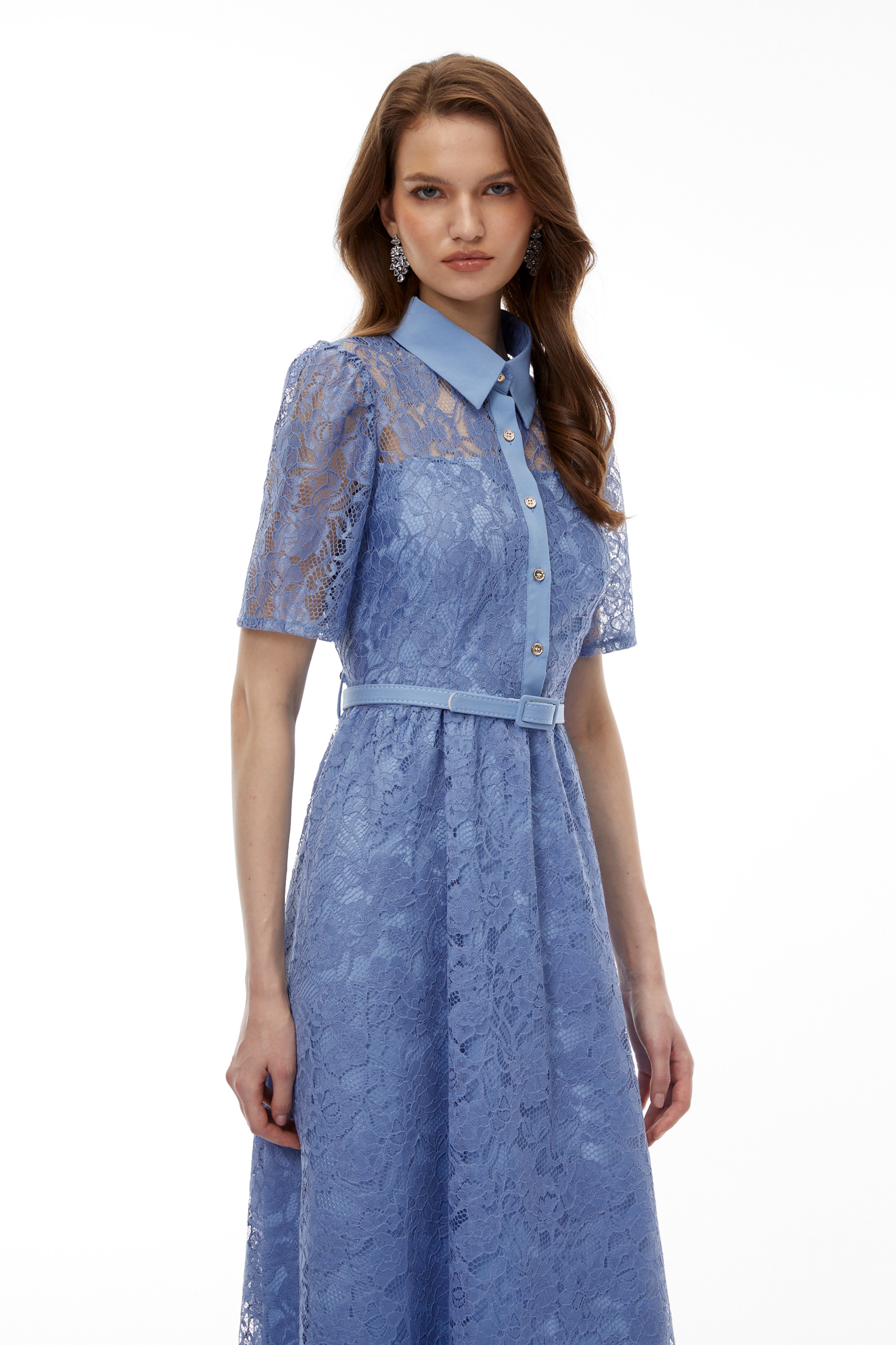 Ruqayya Blue FLoral Lace Midi Dress (Final Sale-US Only)