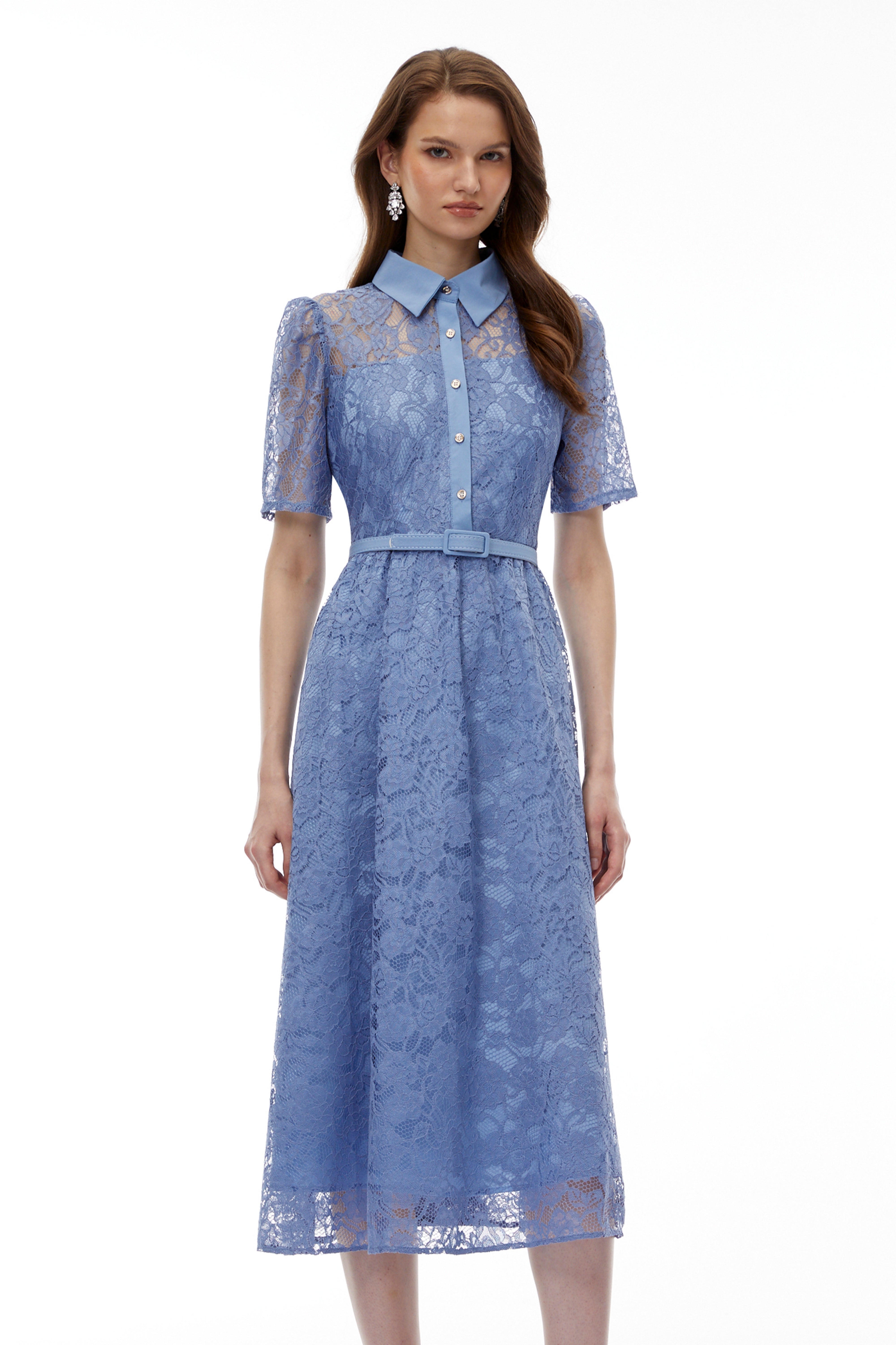 Ruqayya Blue FLoral Lace Midi Dress (Final Sale-US Only)