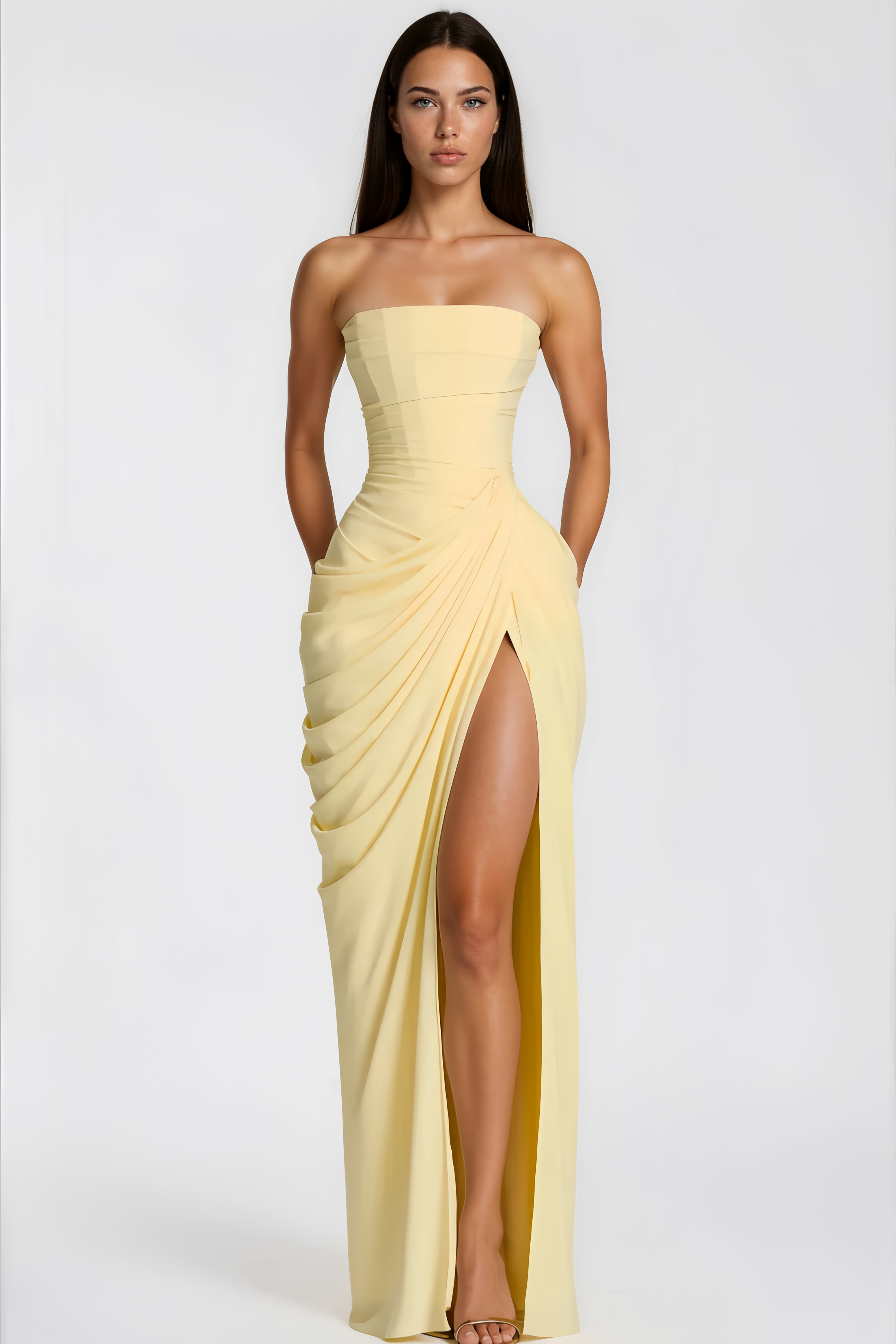 Yellow Strapless Thigh-high Split Dress