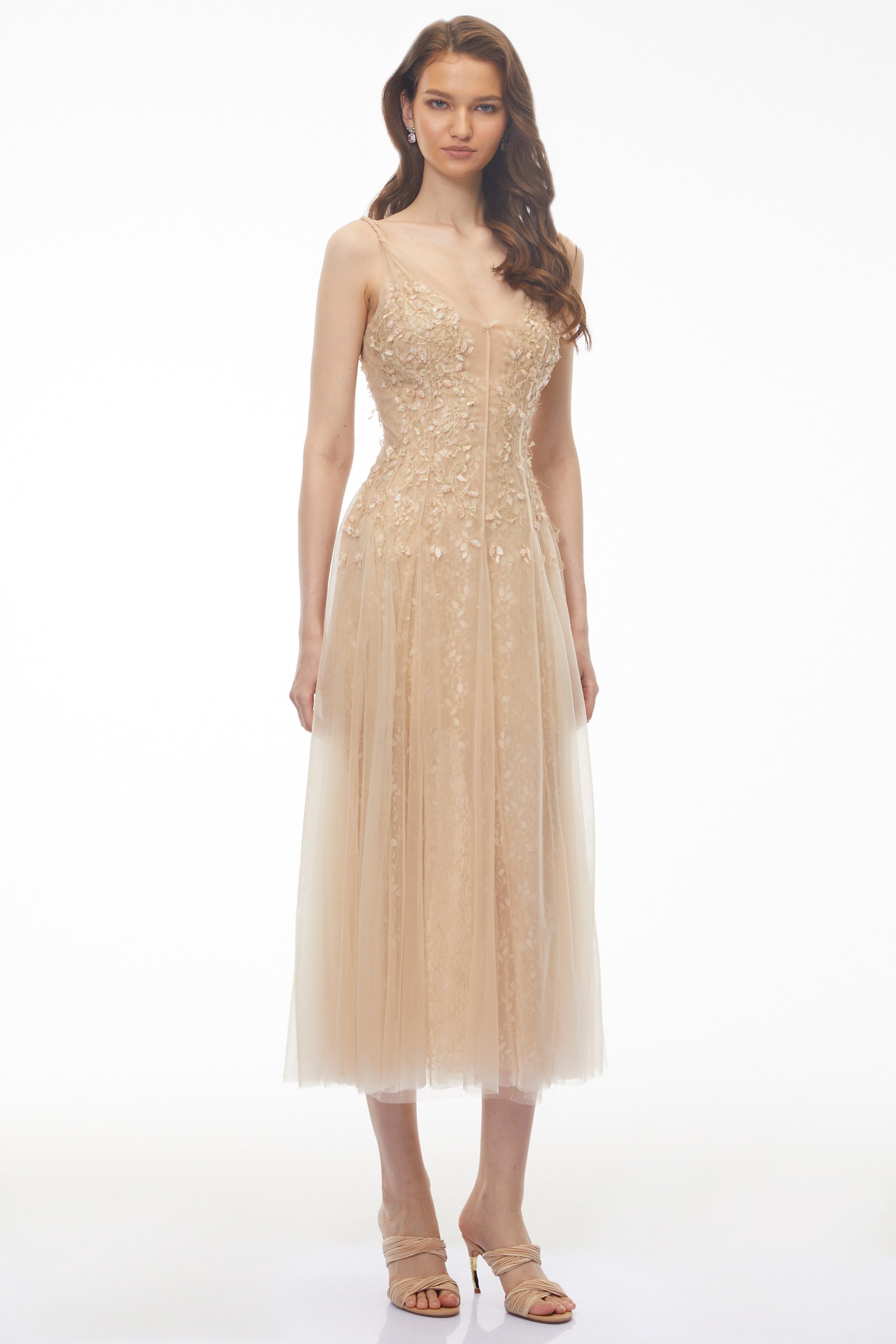 Saga Neutral Pleated Maxi Dress with 3D Petals (Final Sale)