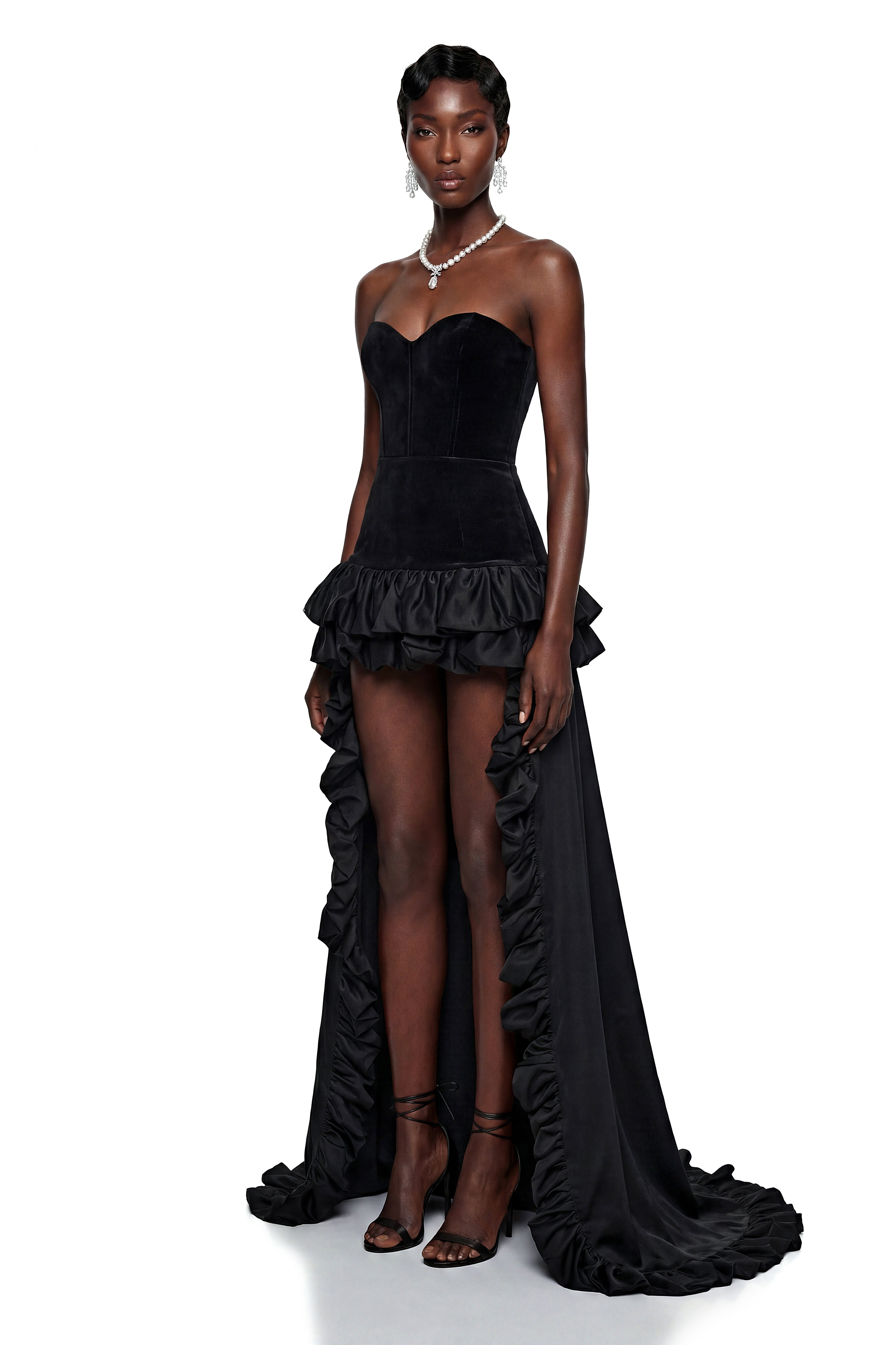 Saveria Black Ruffled High-Low Satin Skirt (Final Sale-US Only)