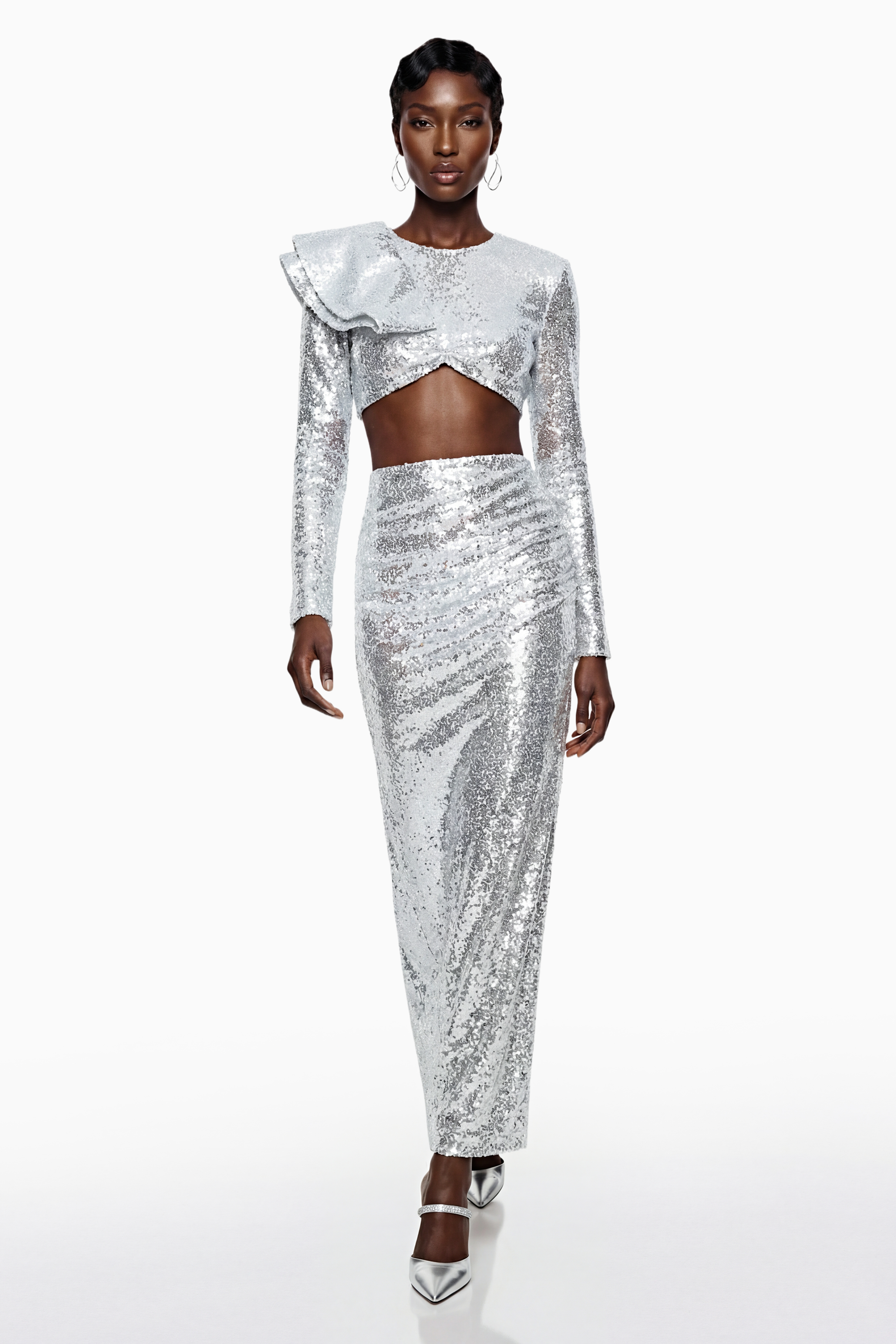 Selah Silver Asymmetrical Top & Skirt Set with Slit