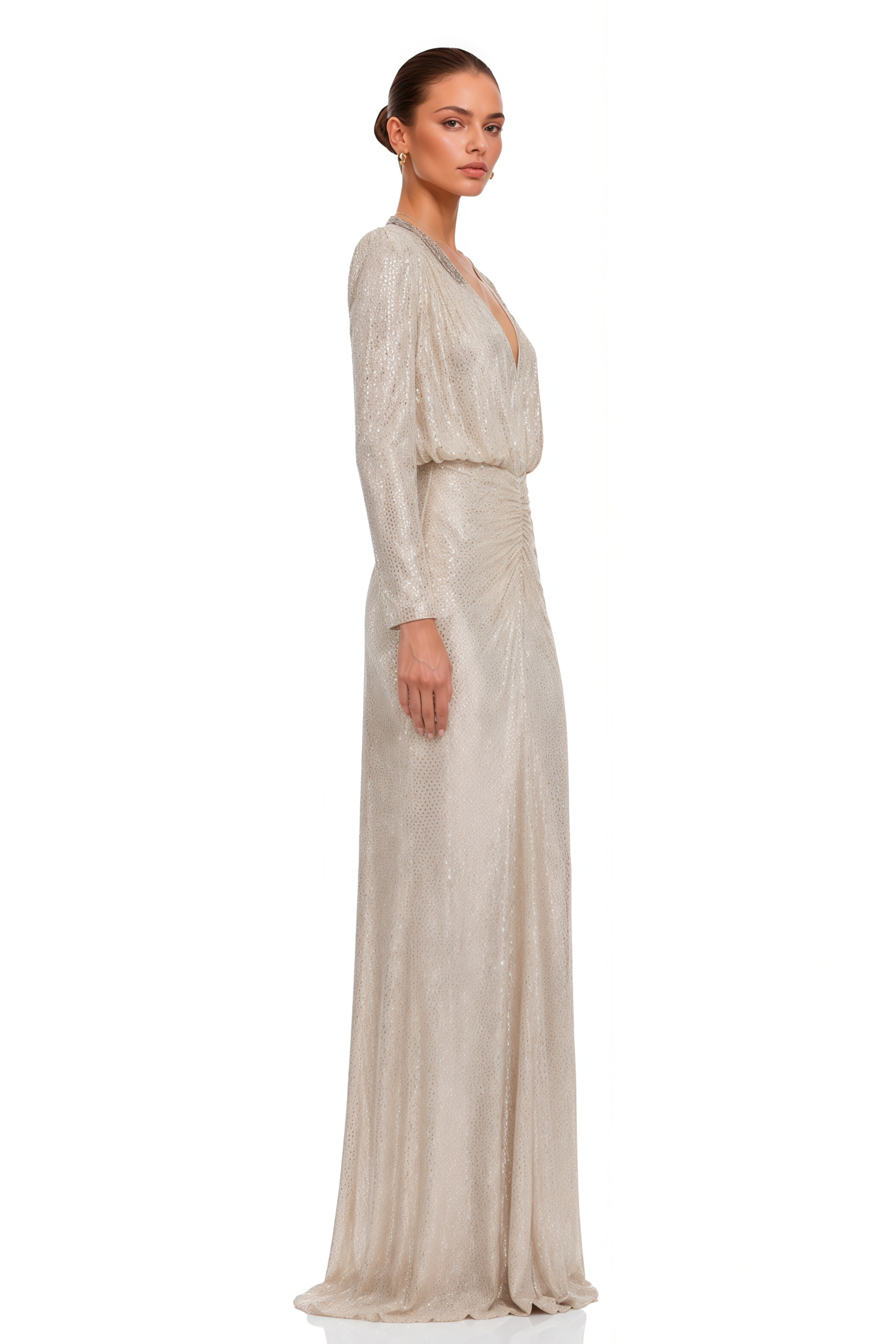 Seraphina Silver Sequin V-Neck Long Sleeves Maxi Dress