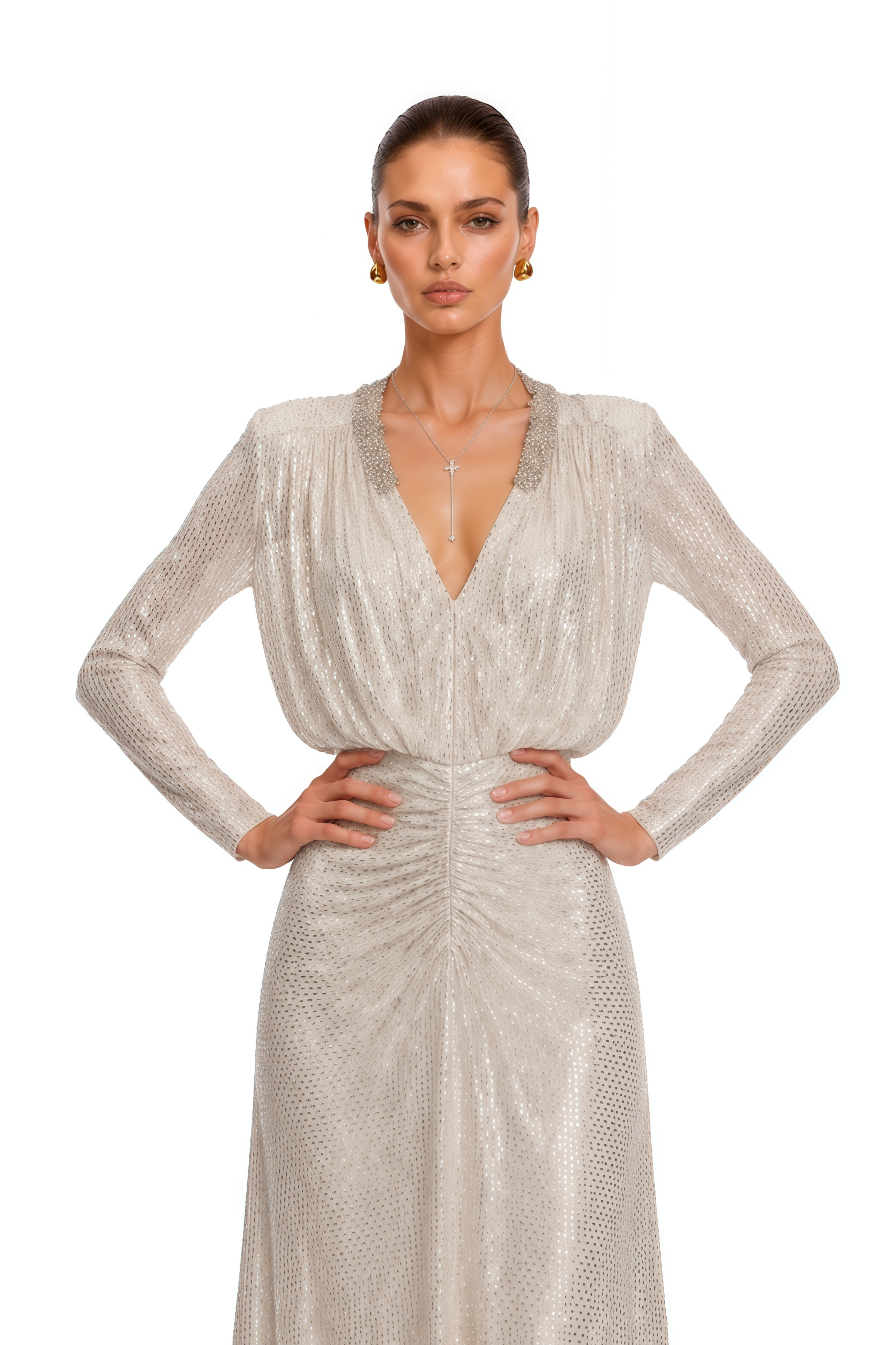 Seraphina Silver Sequin V-Neck Long Sleeves Maxi Dress