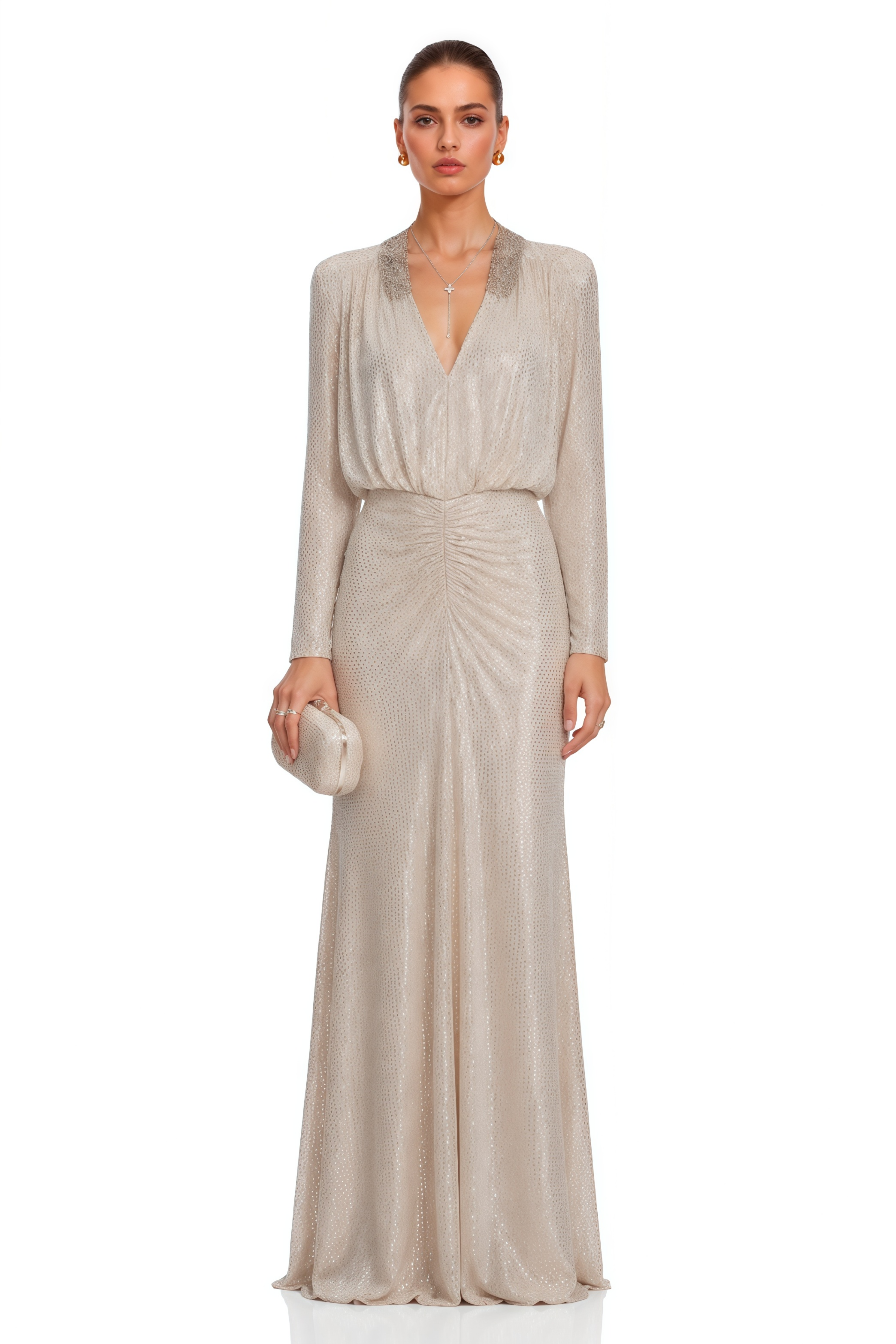 Seraphina Silver Sequin V-Neck Long Sleeves Maxi Dress