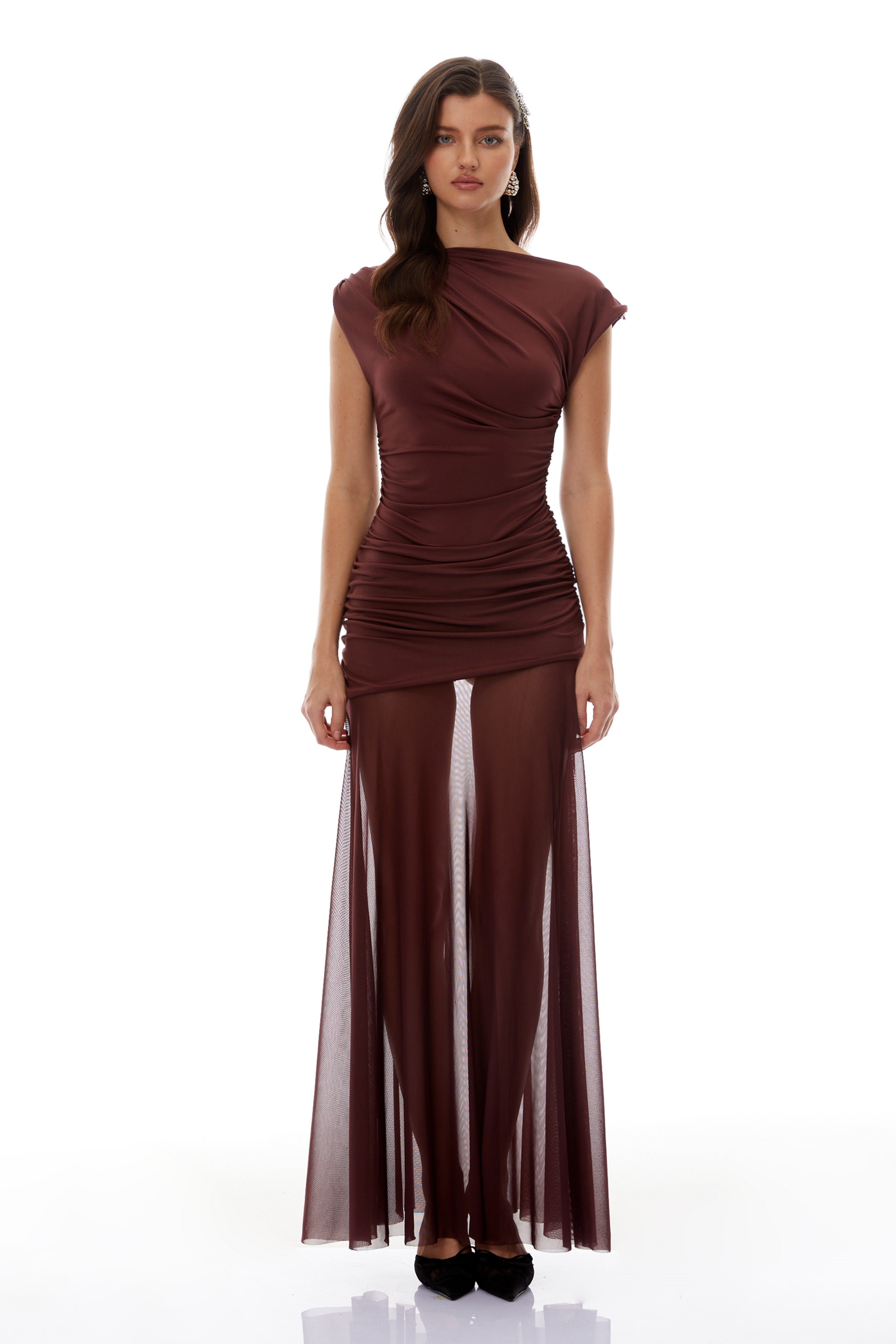 Seren Brown Ruched Tulle Panel Maxi Dress (Final Sale)