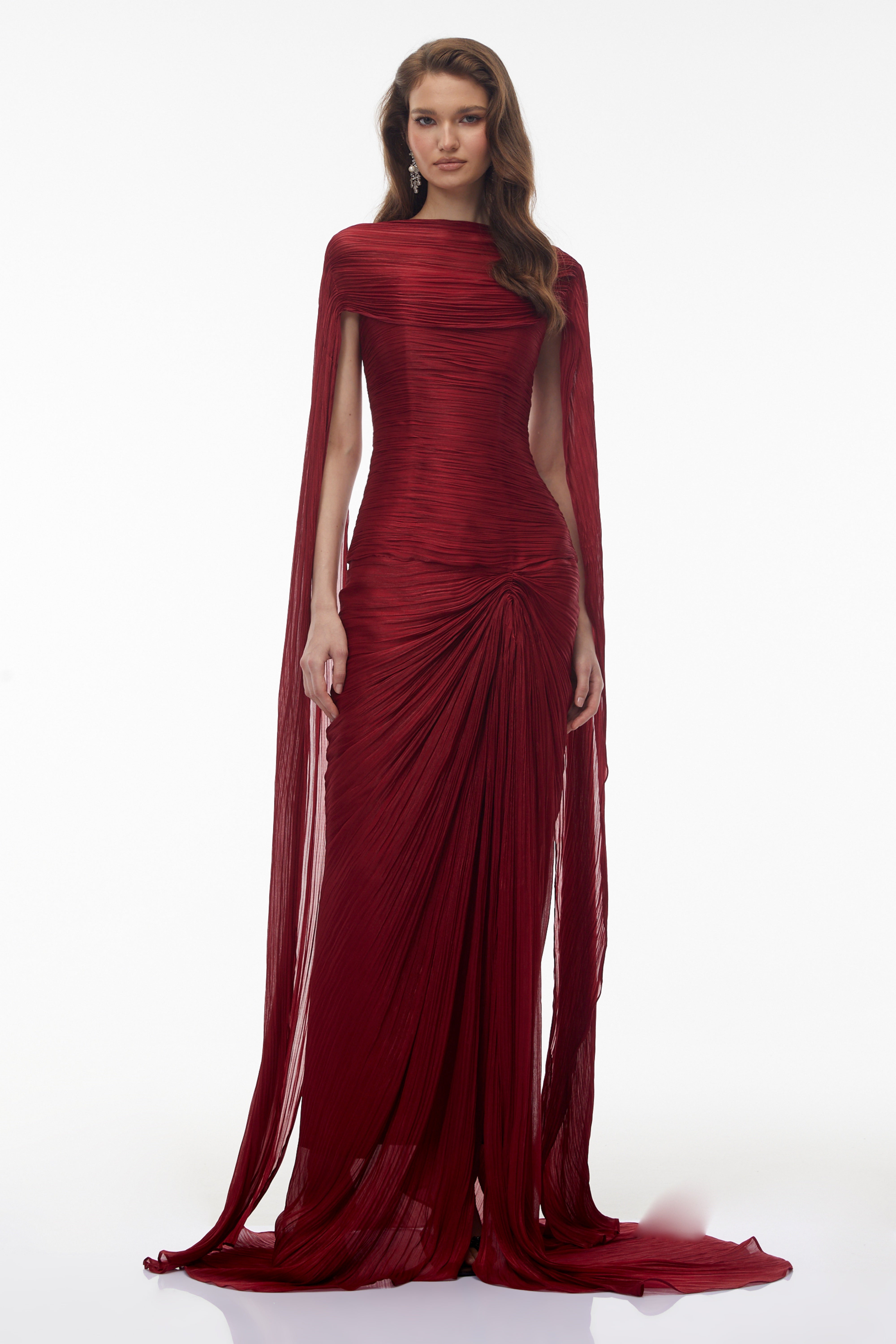 Burgundy Silk-Satin Gown & Asymmetrical Cape