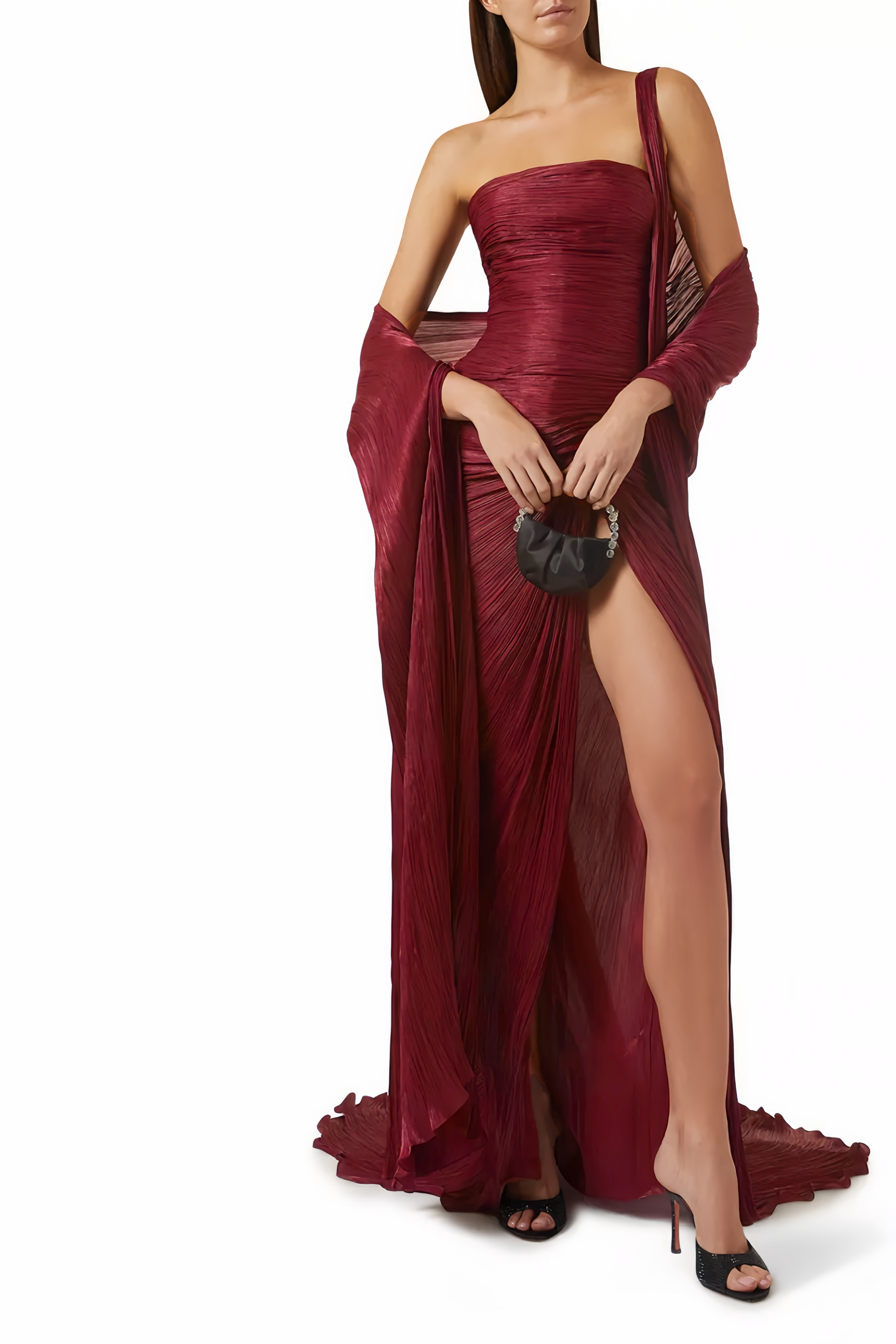 Shifra Burgundy Asymmetrical Cape Maxi Dress