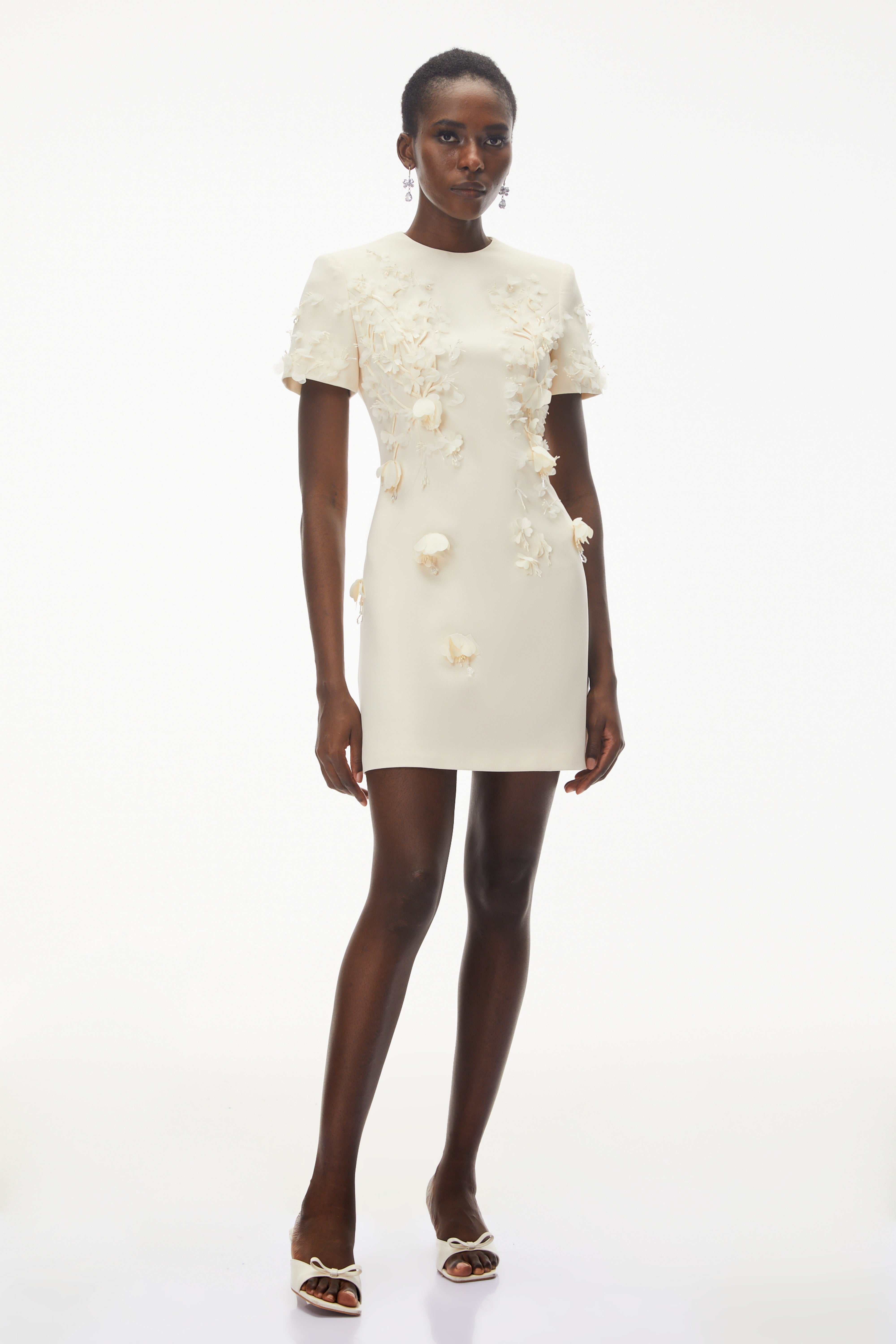 Skye Ivory Round Neck Mini Dress with Floral Applique