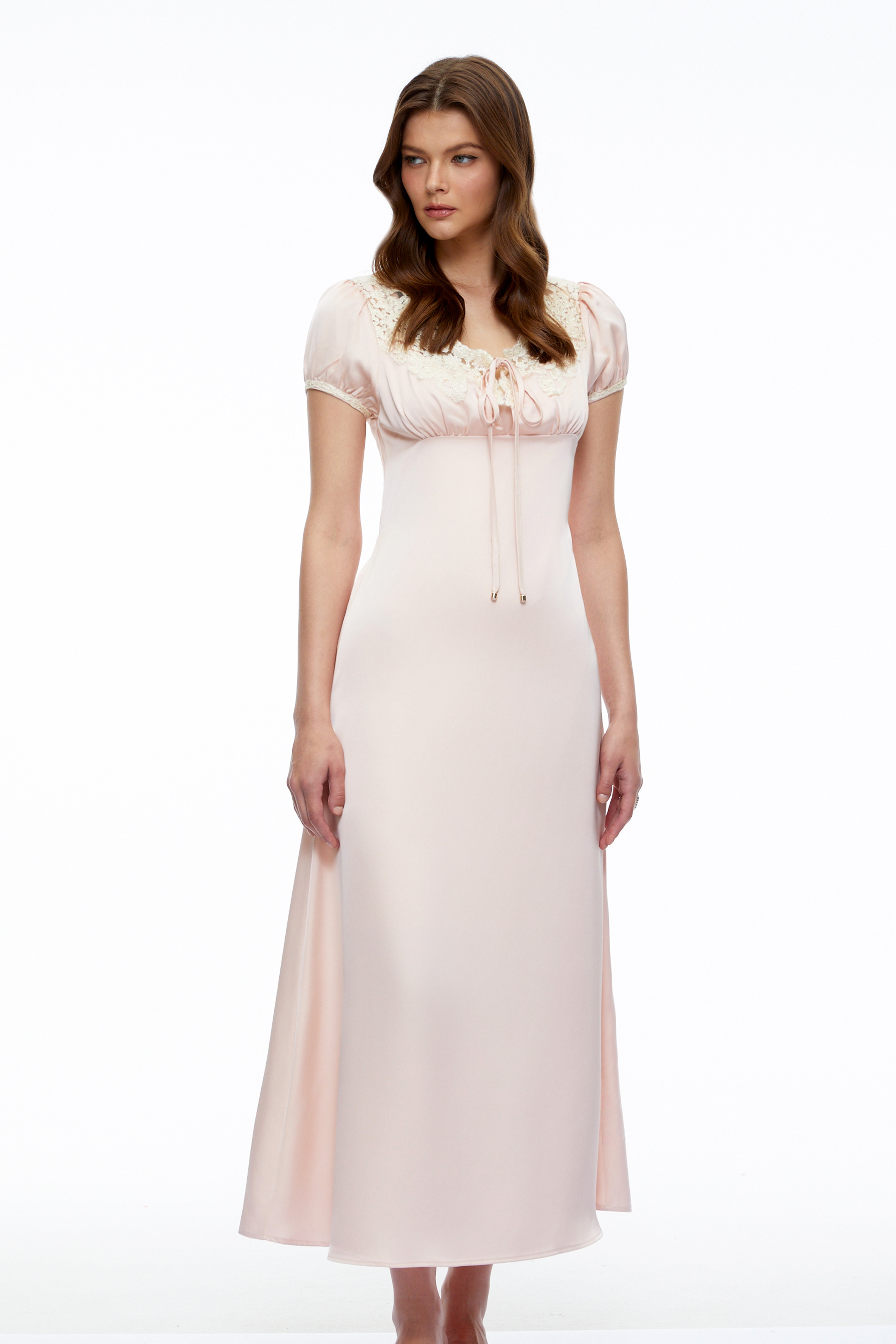 Sloane Pink Satin Midi Dress with Lace Collar