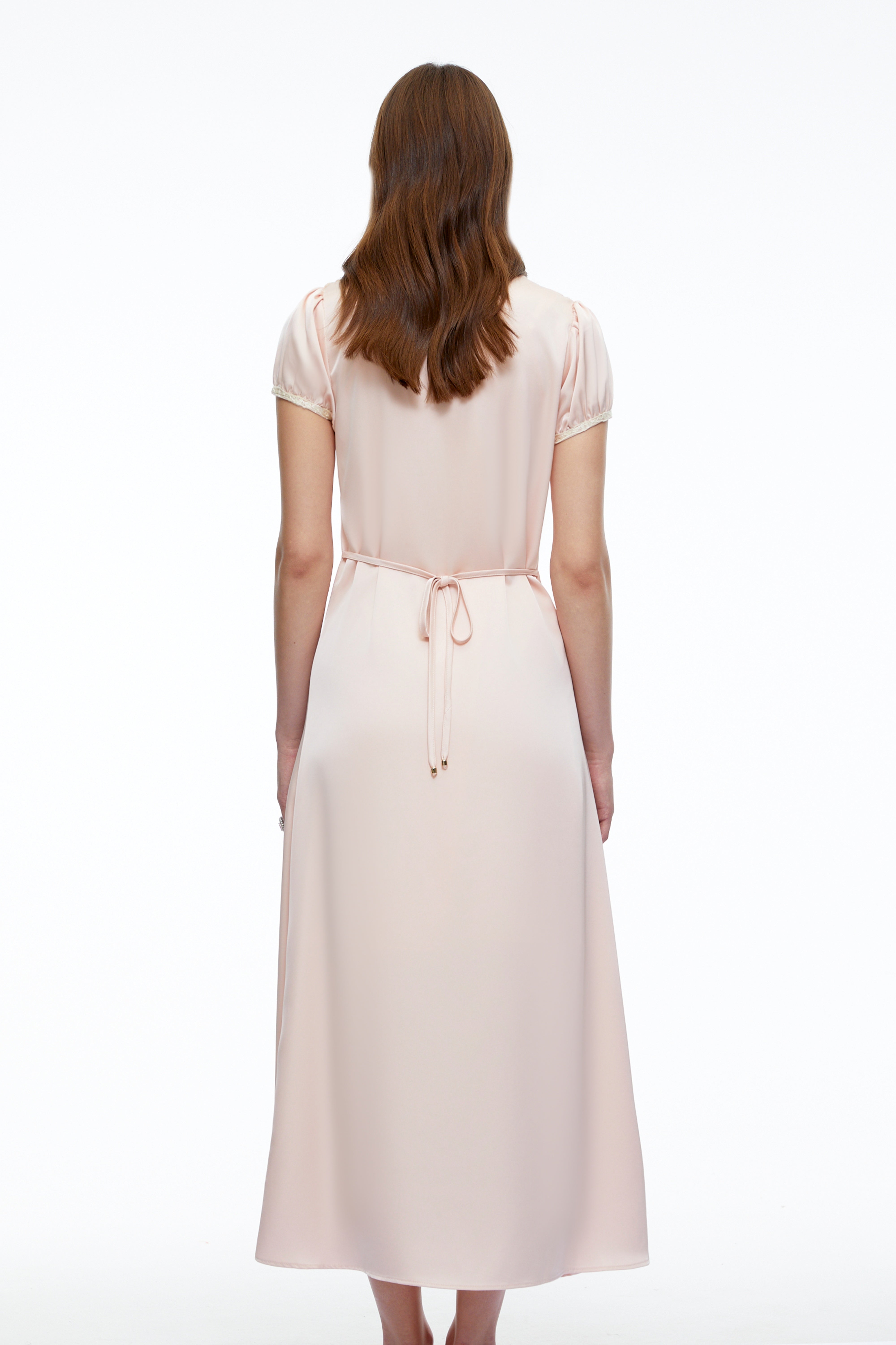 Sloane Pink Satin Midi Dress with Lace Collar
