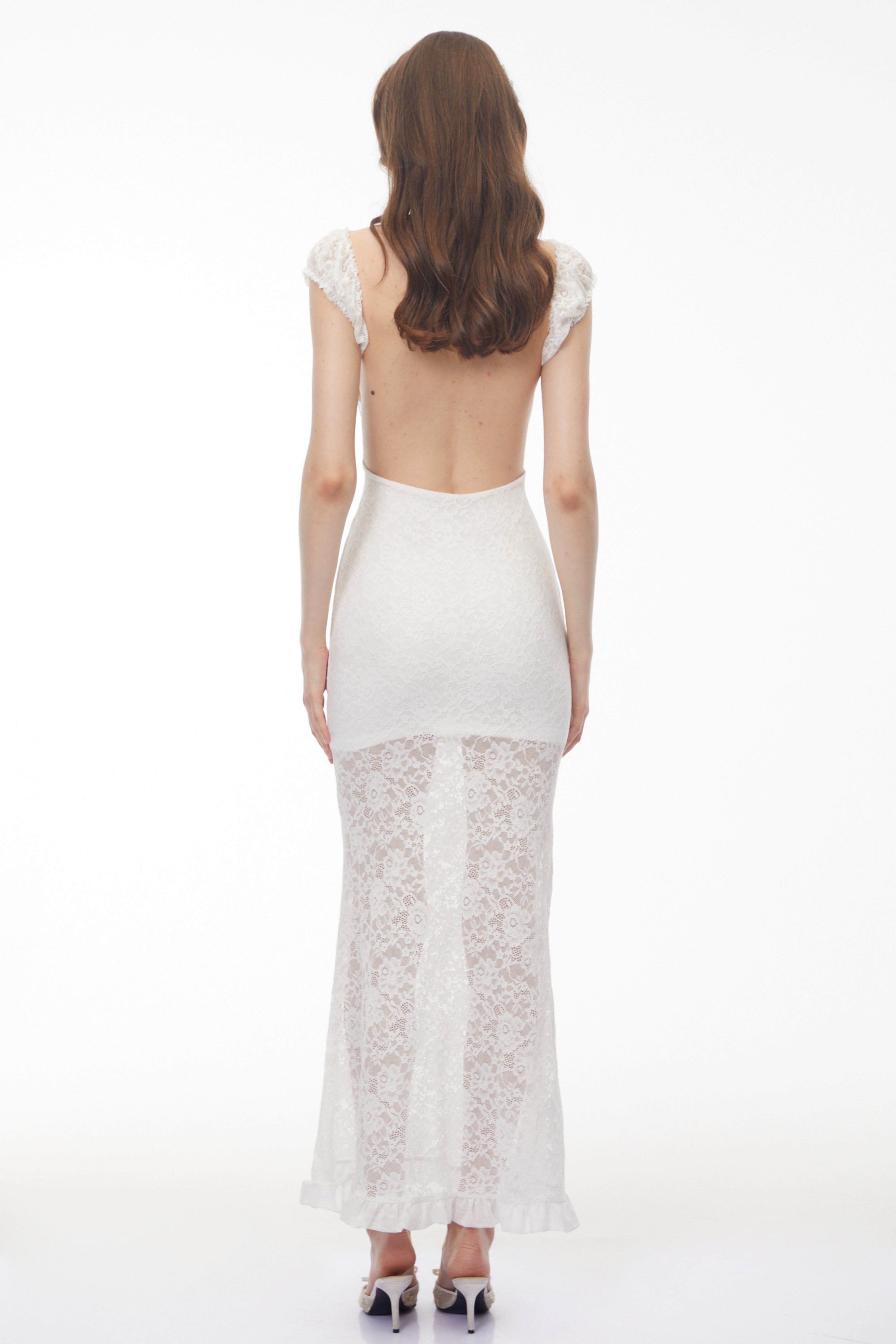 Snizhana White Ruffled Lace Fishtail Maxi Dress (Final Sale)