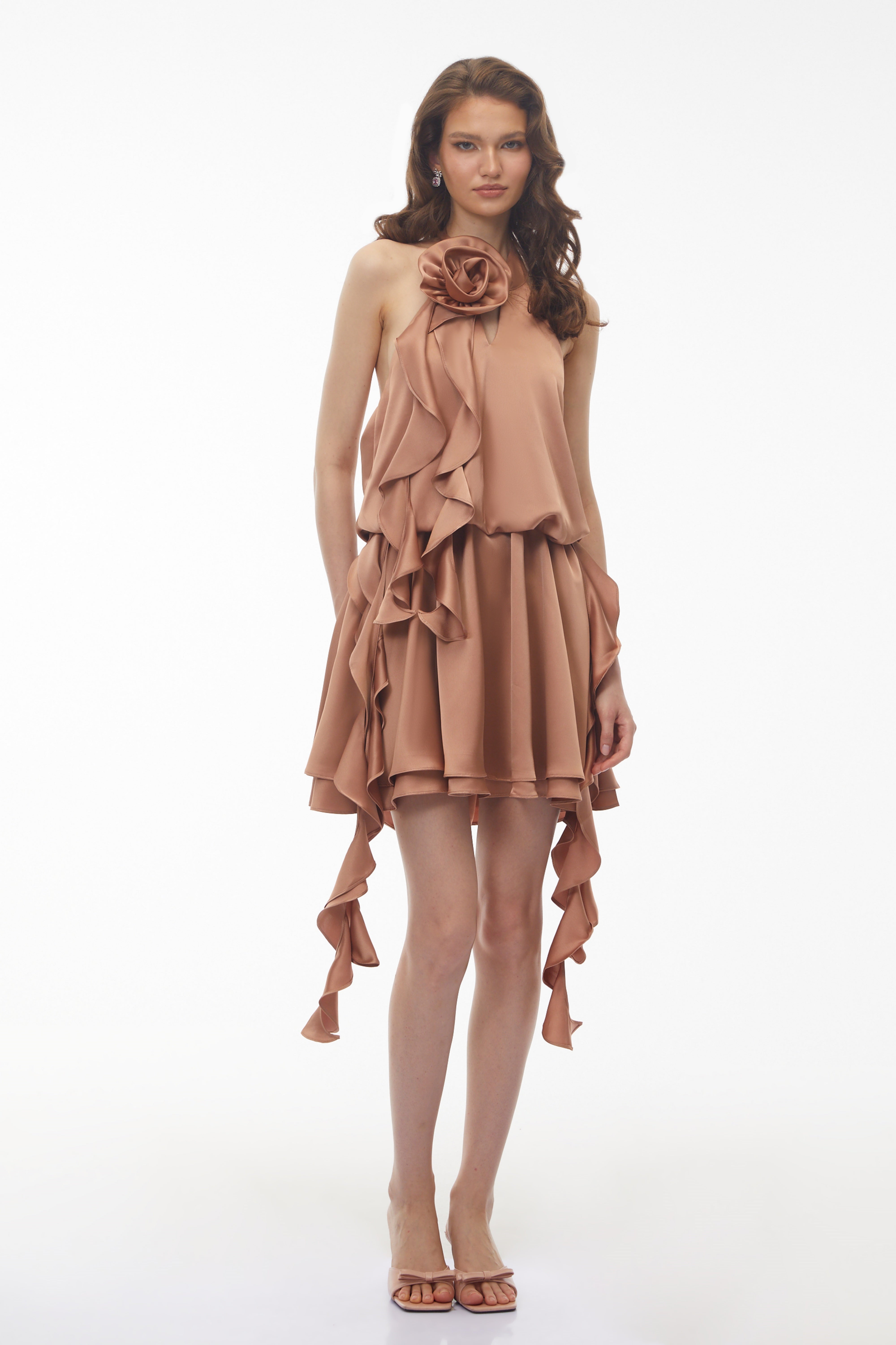 Solange Camel Halterneck Ruched Mini Dress with 3D Florals (Final Sale)