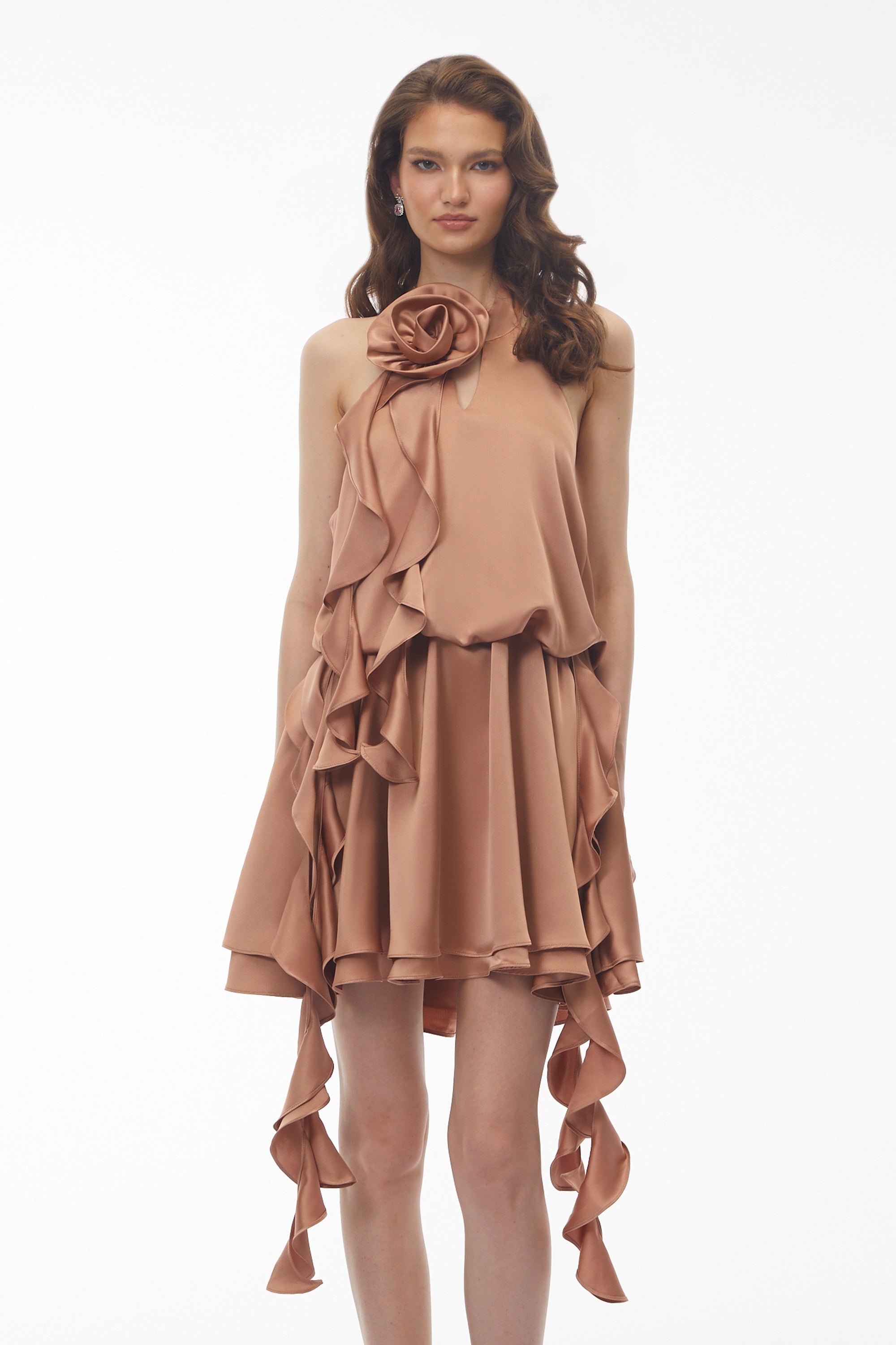 Solange Camel Halterneck Ruched Mini Dress with 3D Florals (Final Sale)