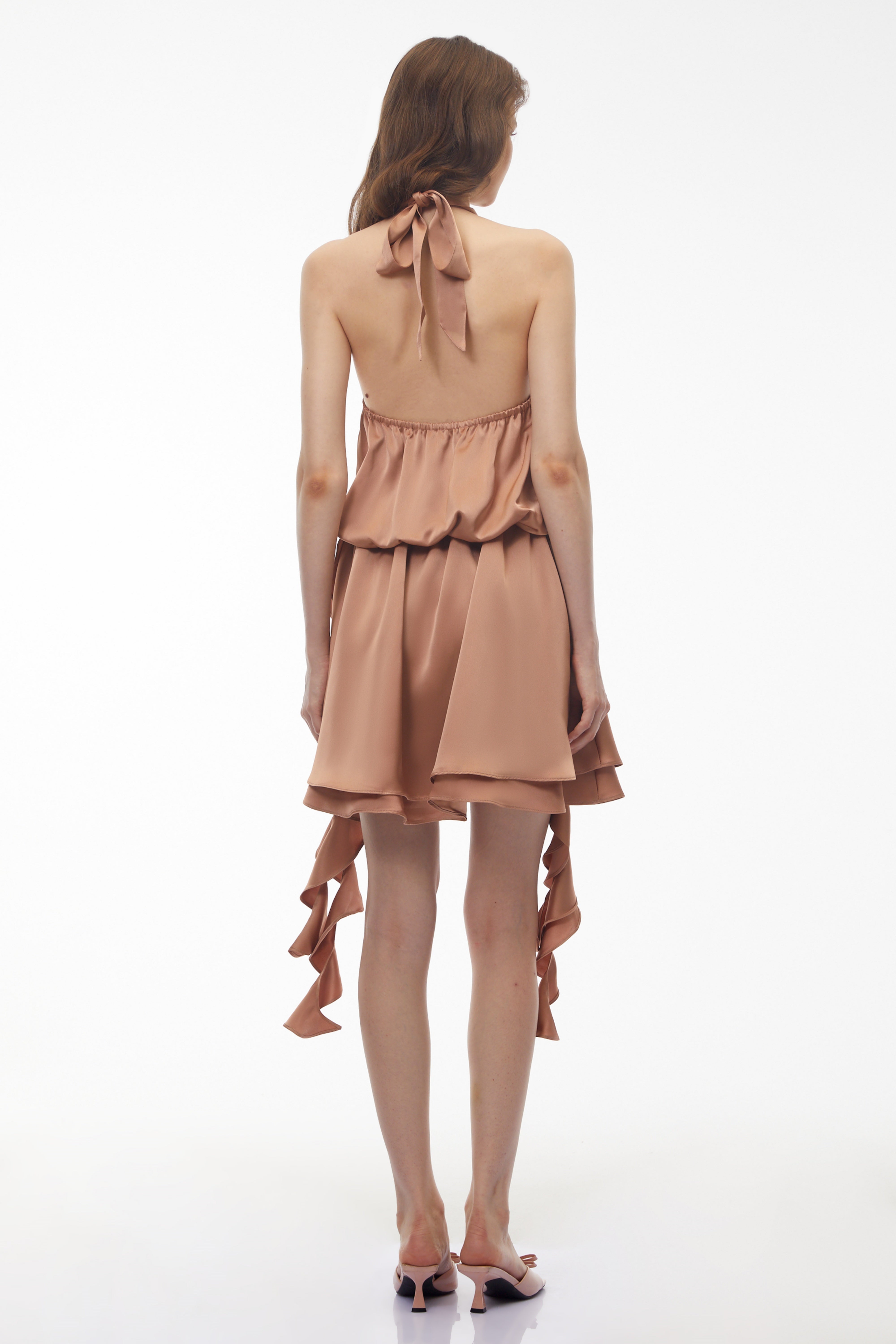 Solange Camel Halterneck Ruched Mini Dress with 3D Florals (Final Sale)