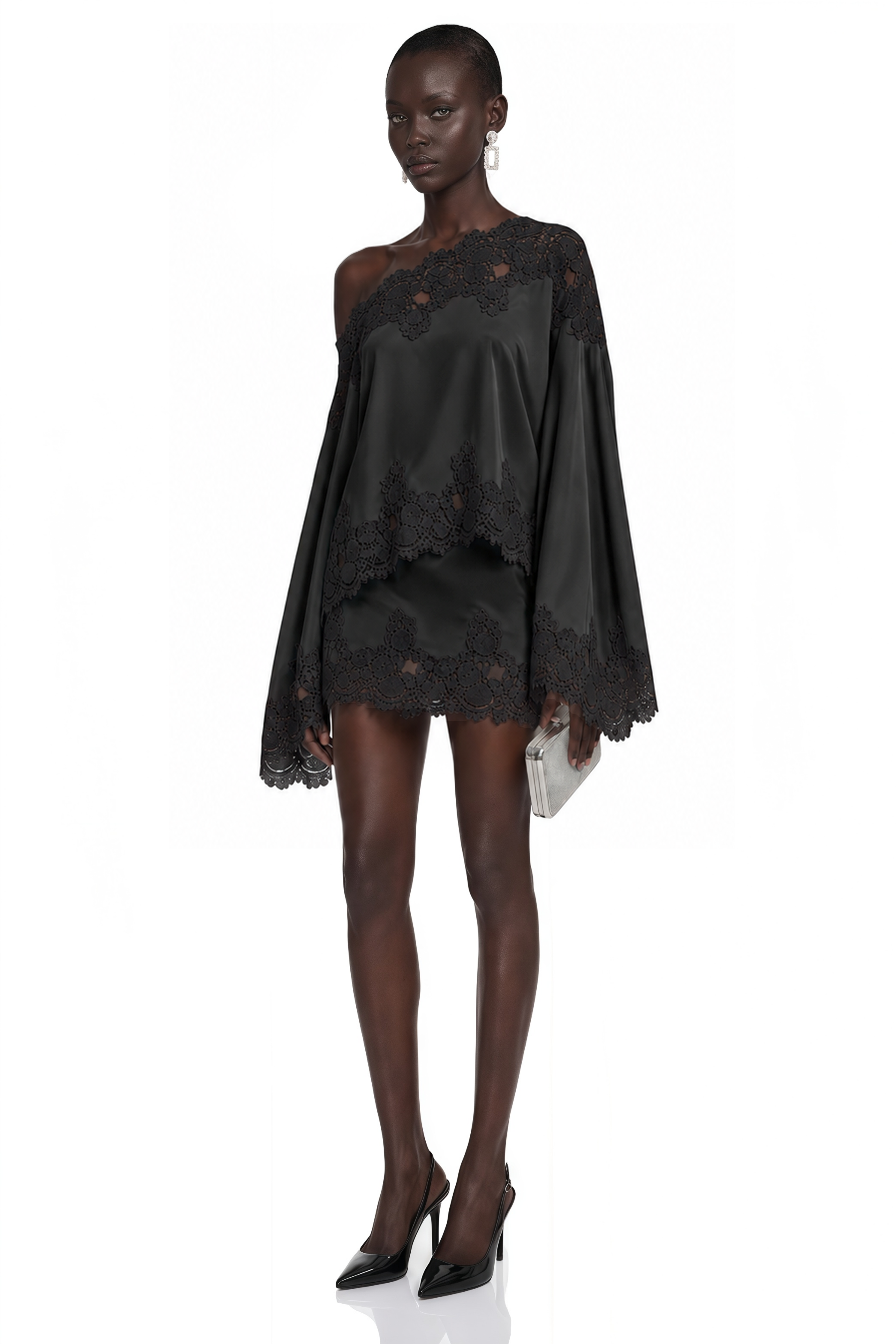 Sophia Black One Shoulder Top & Skirt Set with Black Lace Trim