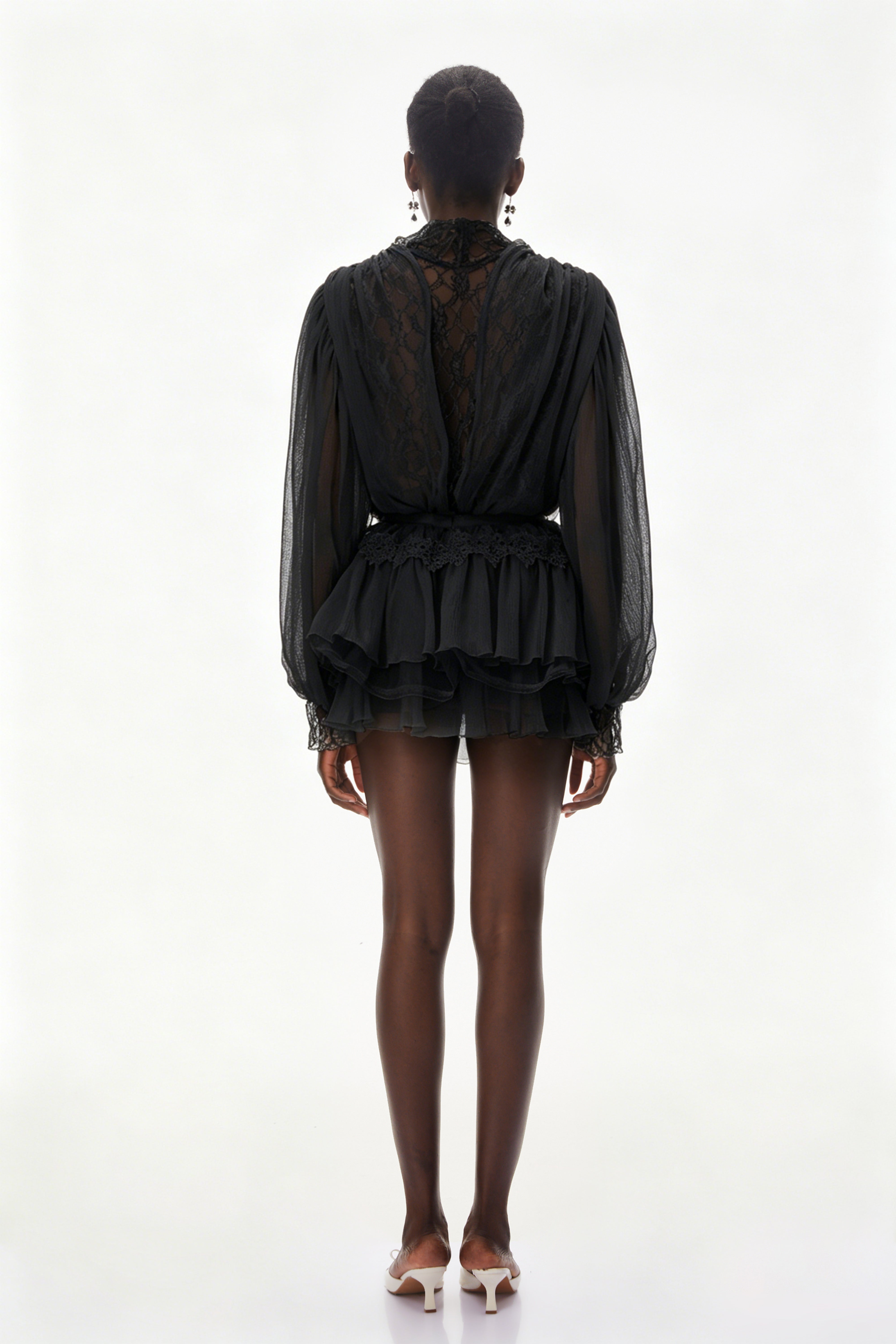 Black Sheer Lace Lantern Sleeve Layered Mini Dress