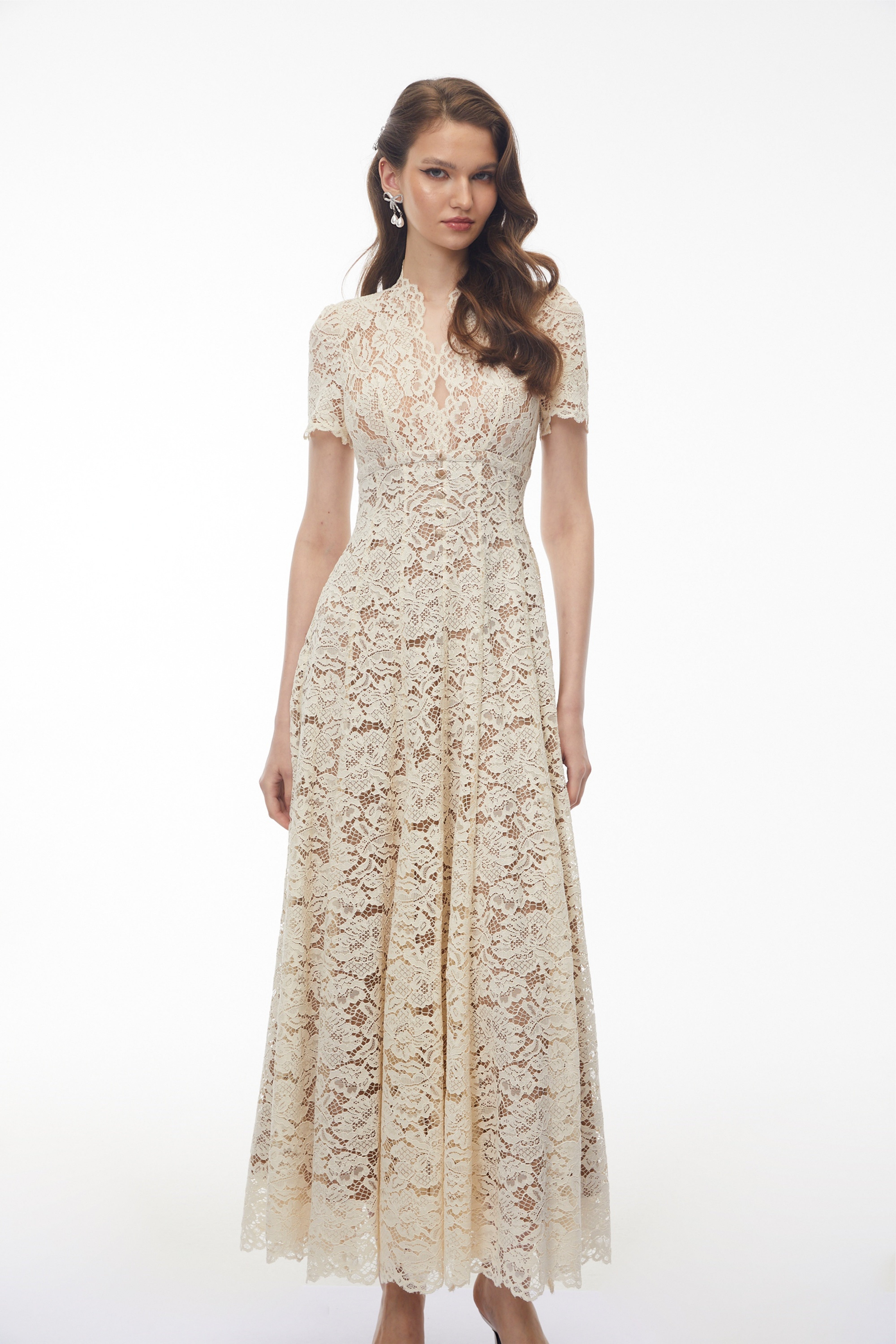 Sophie Cream Plunge Neck Floral Lace Maxi Dress (Final Sale-US Only)