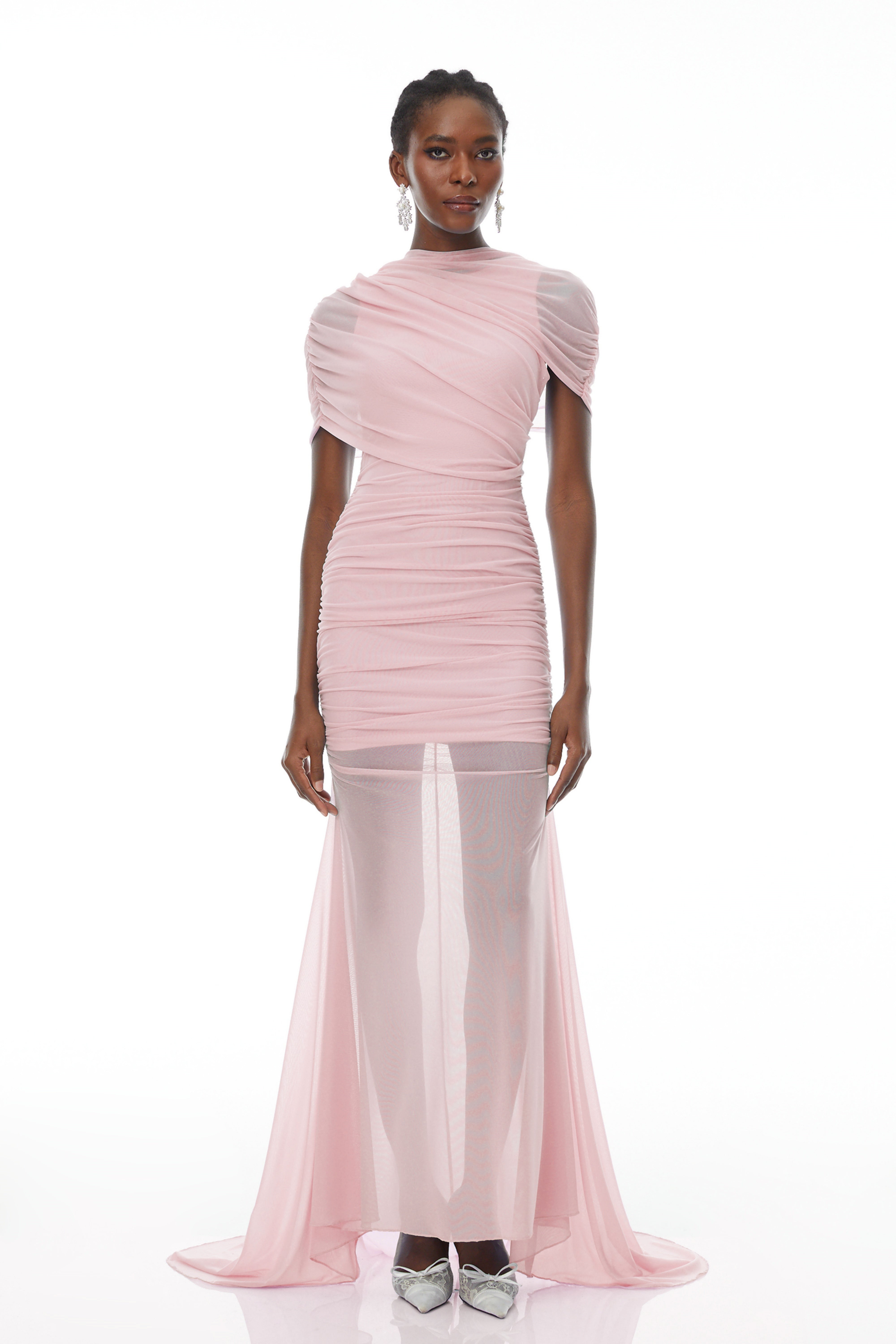 Asymmetrical Ruched Mesh Maxi Dress