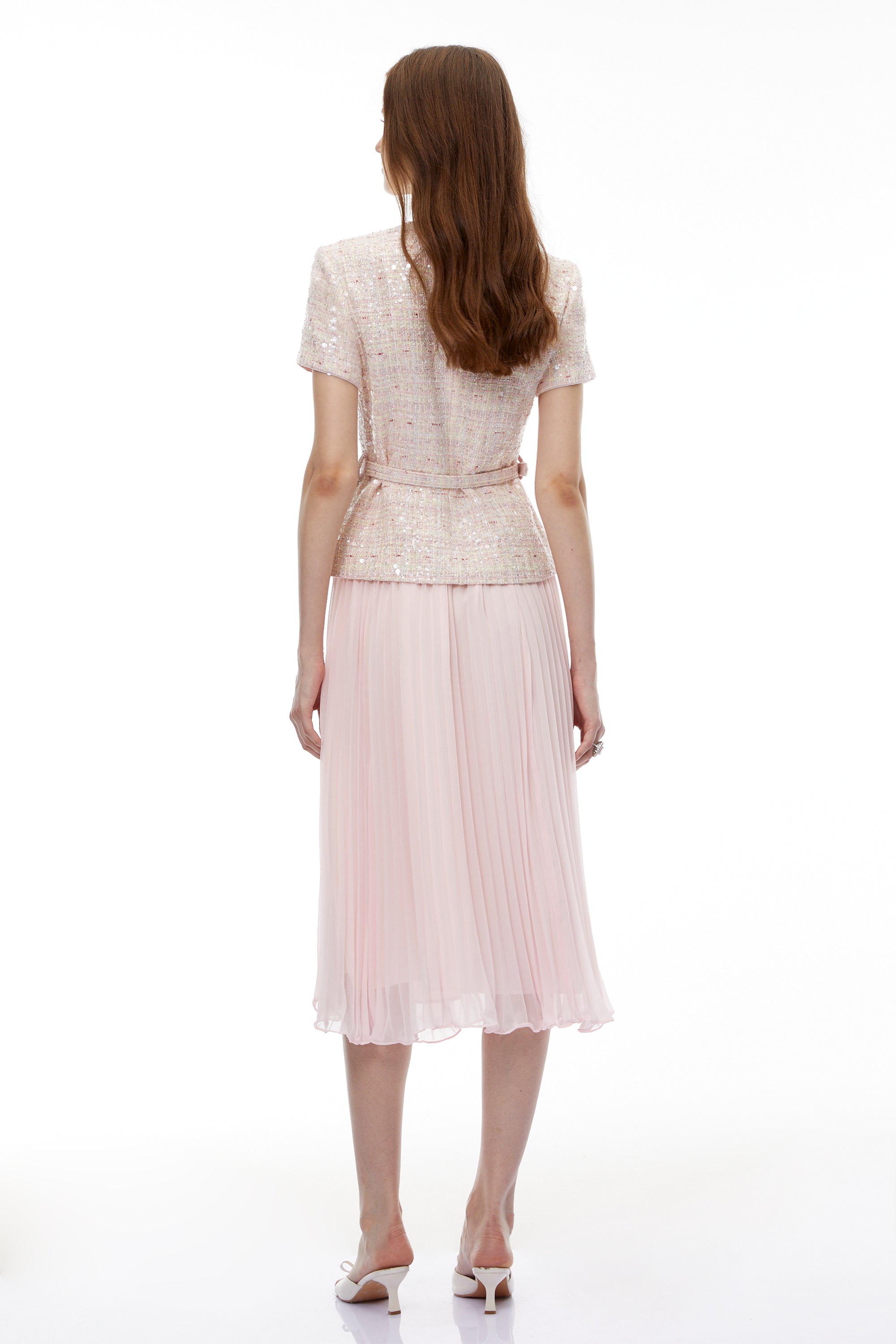 Tahmineh Pink Tweed Pleated Midi Dress (Final Sale-US Only)