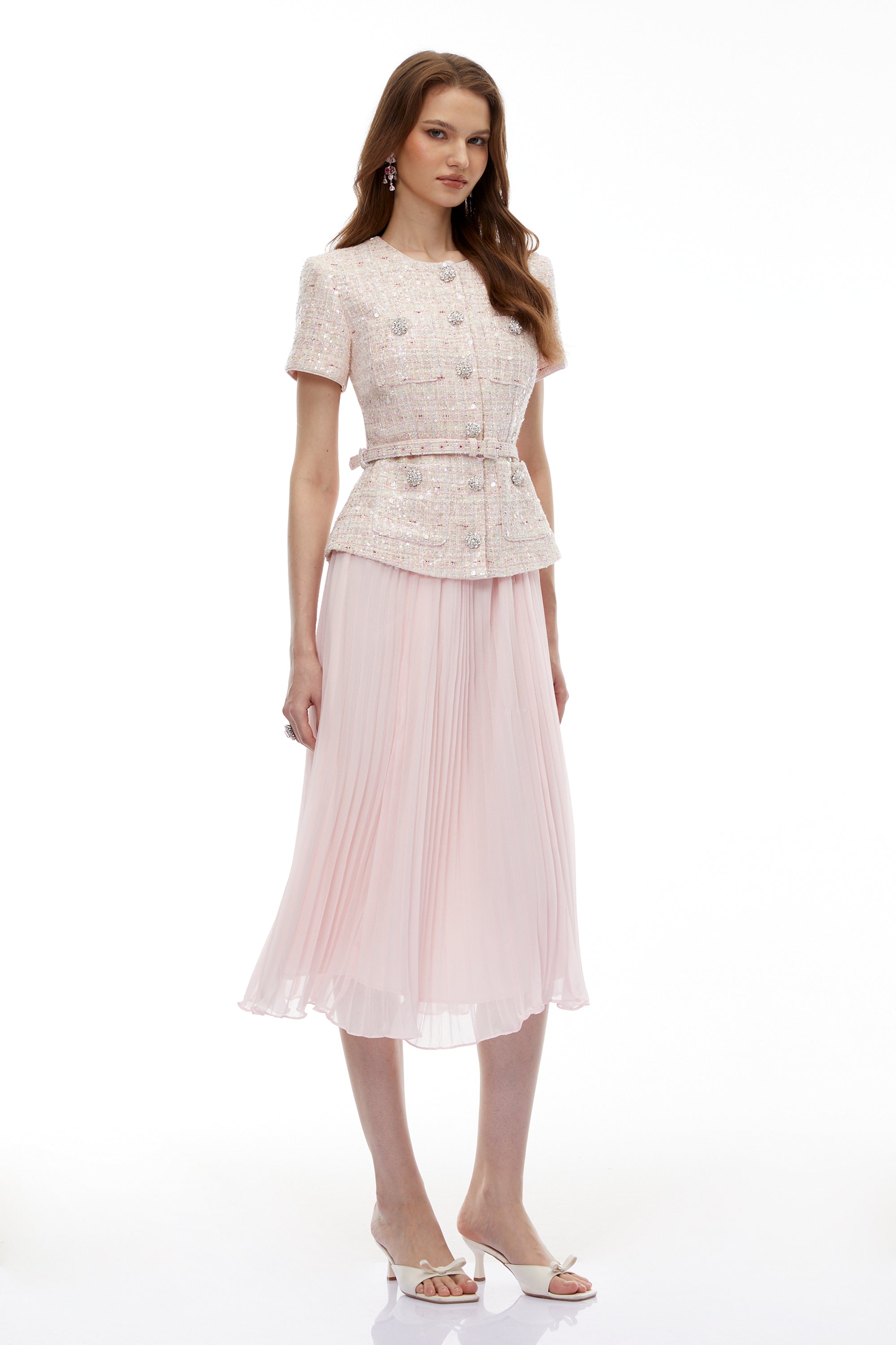 Tahmineh Pink Tweed Pleated Midi Dress (Final Sale-US Only)