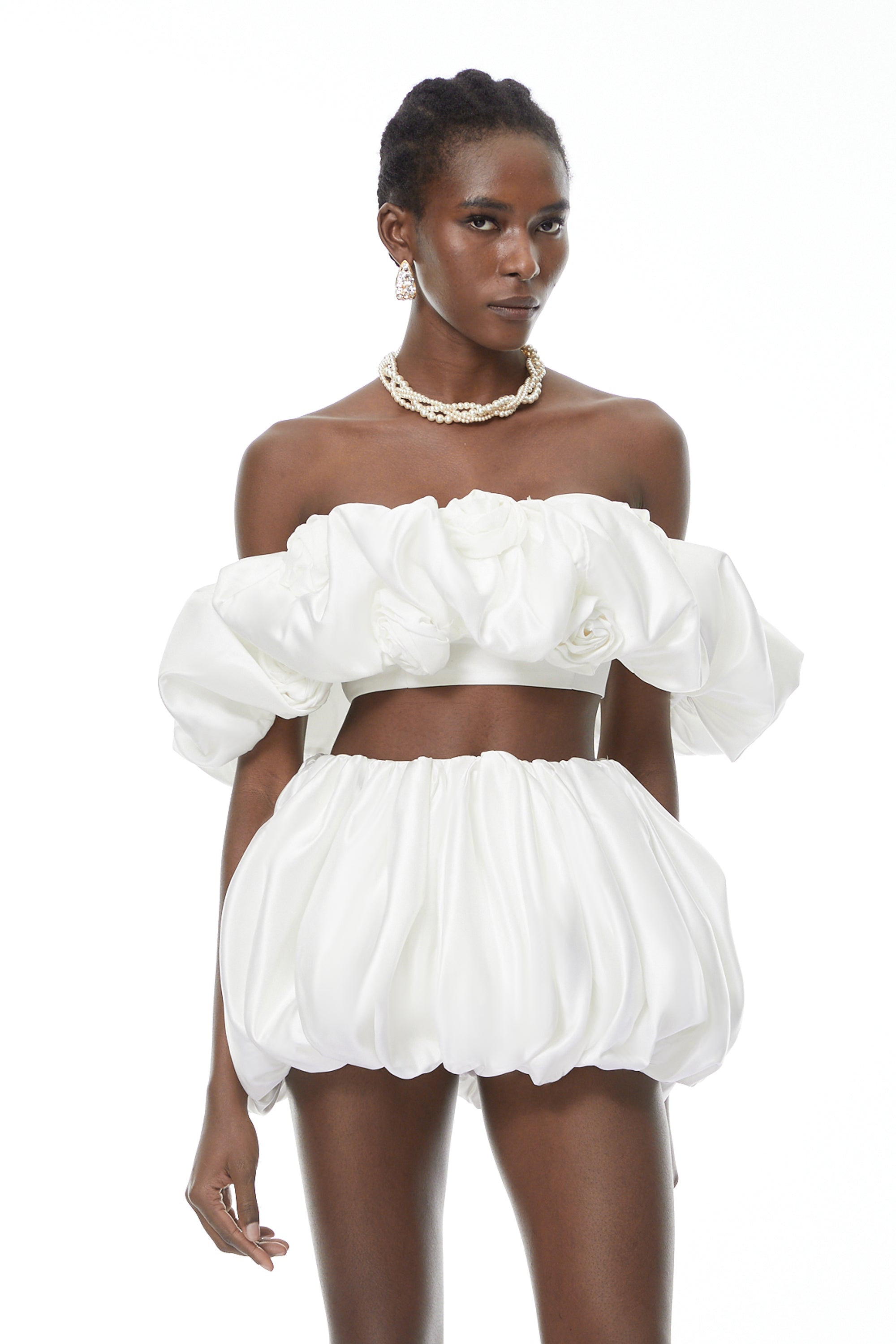 Tiffany White Top & Bubble Short Set with 3D Petals (Final Sale)