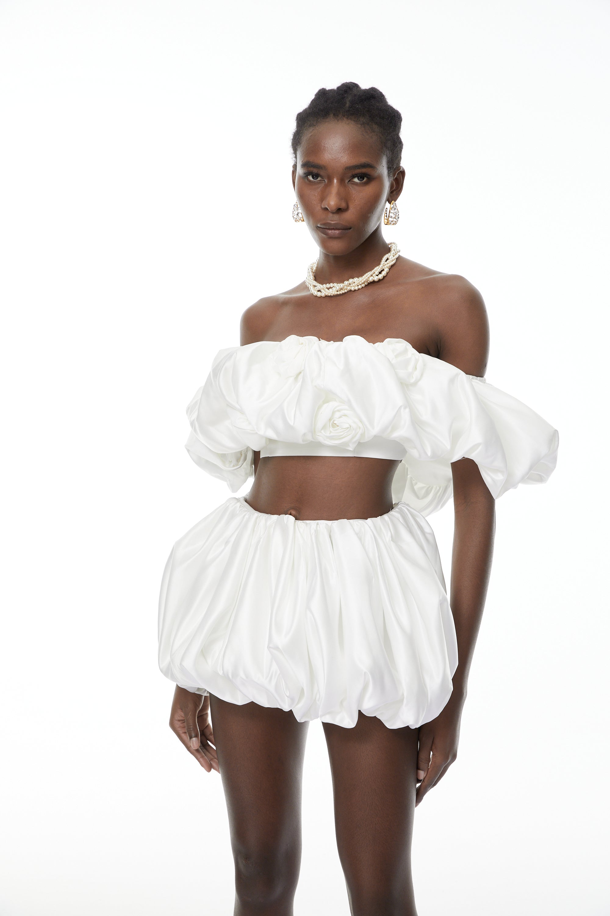 Tiffany White Top & Bubble Short Set with 3D Petals (Final Sale)