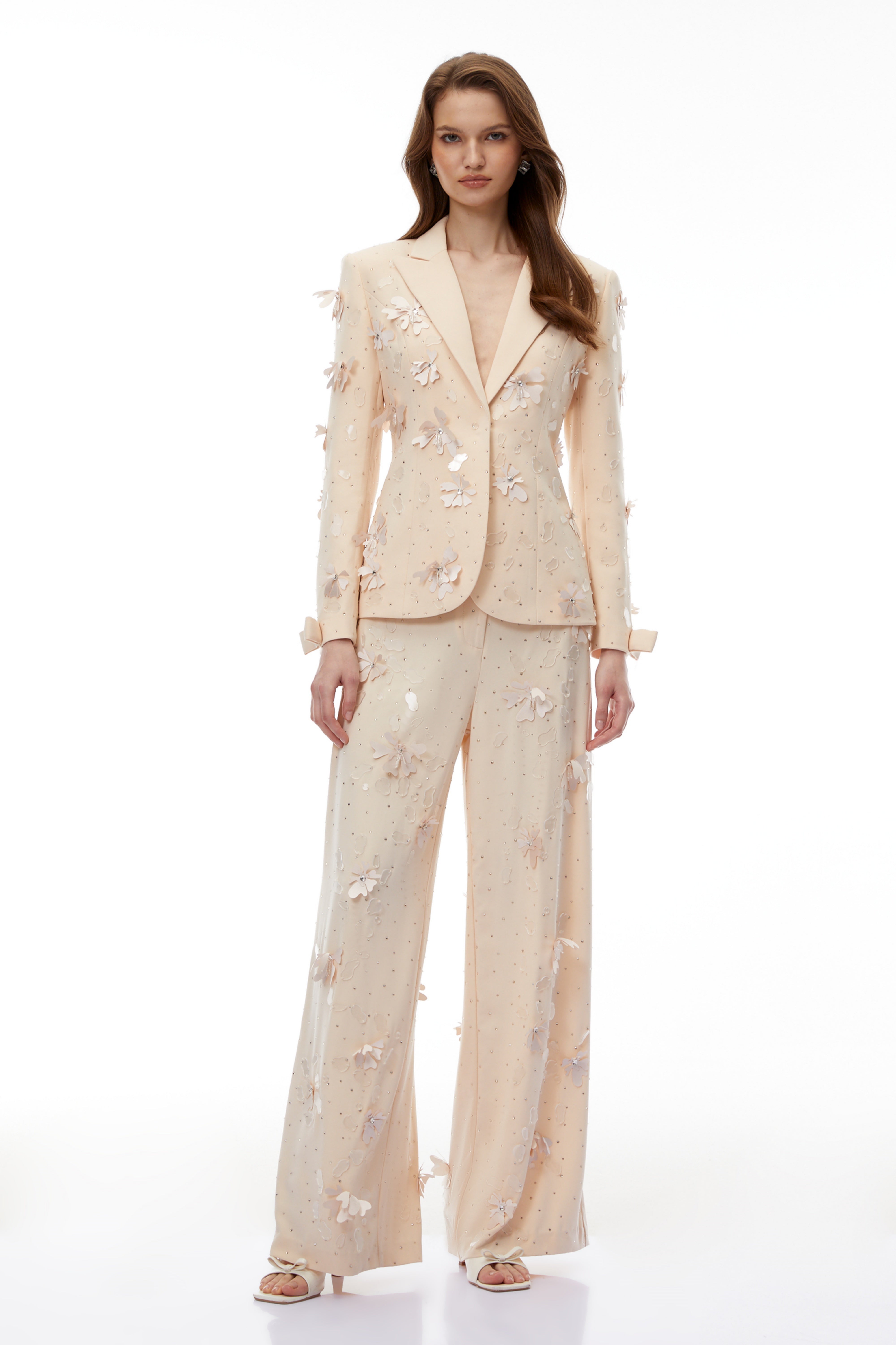 Titania Neutral 3D-Floral Beaded Jacket & Trousers Set (Final Sale)