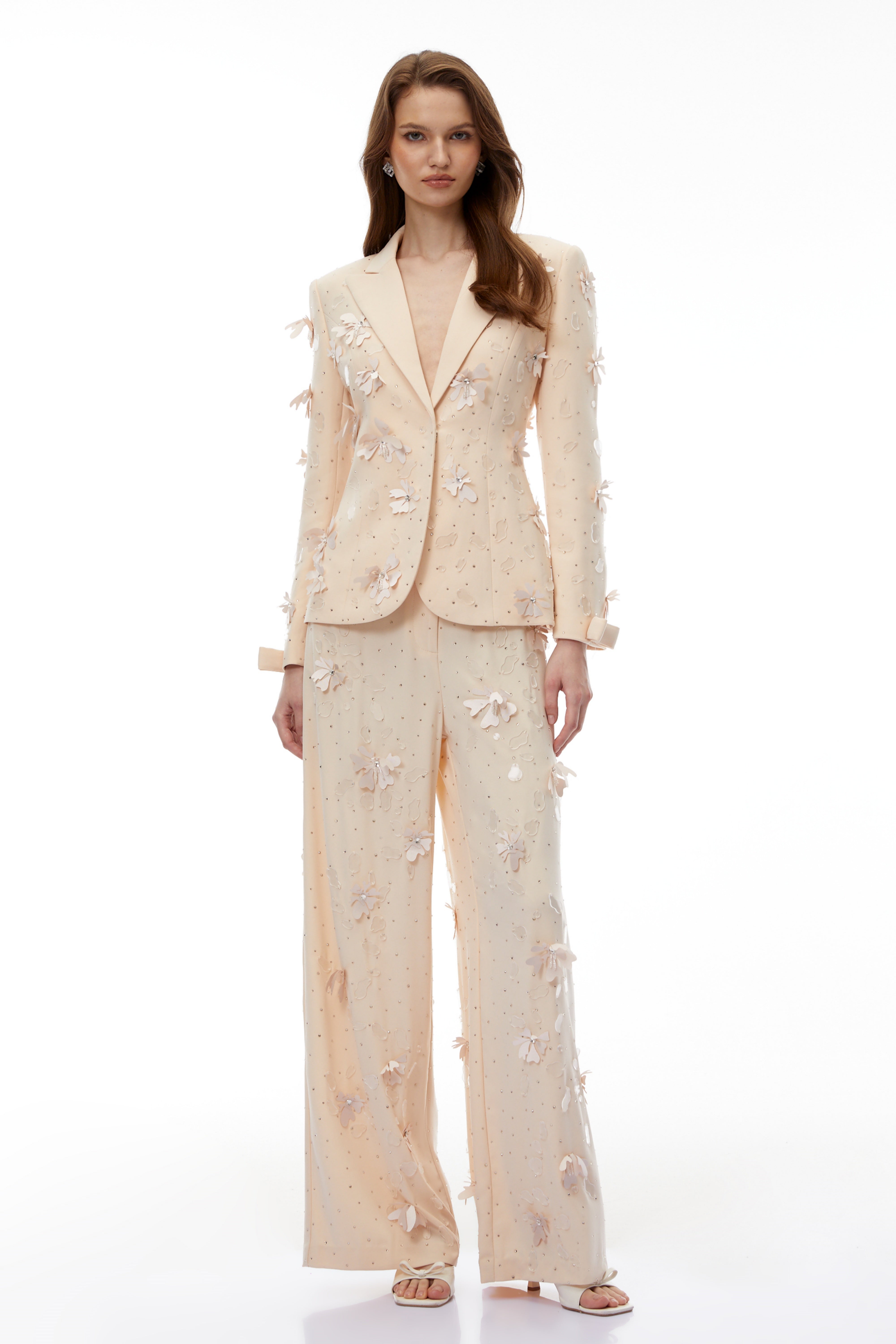 Titania Neutral 3D-Floral Beaded Jacket & Trousers Set (Final Sale)