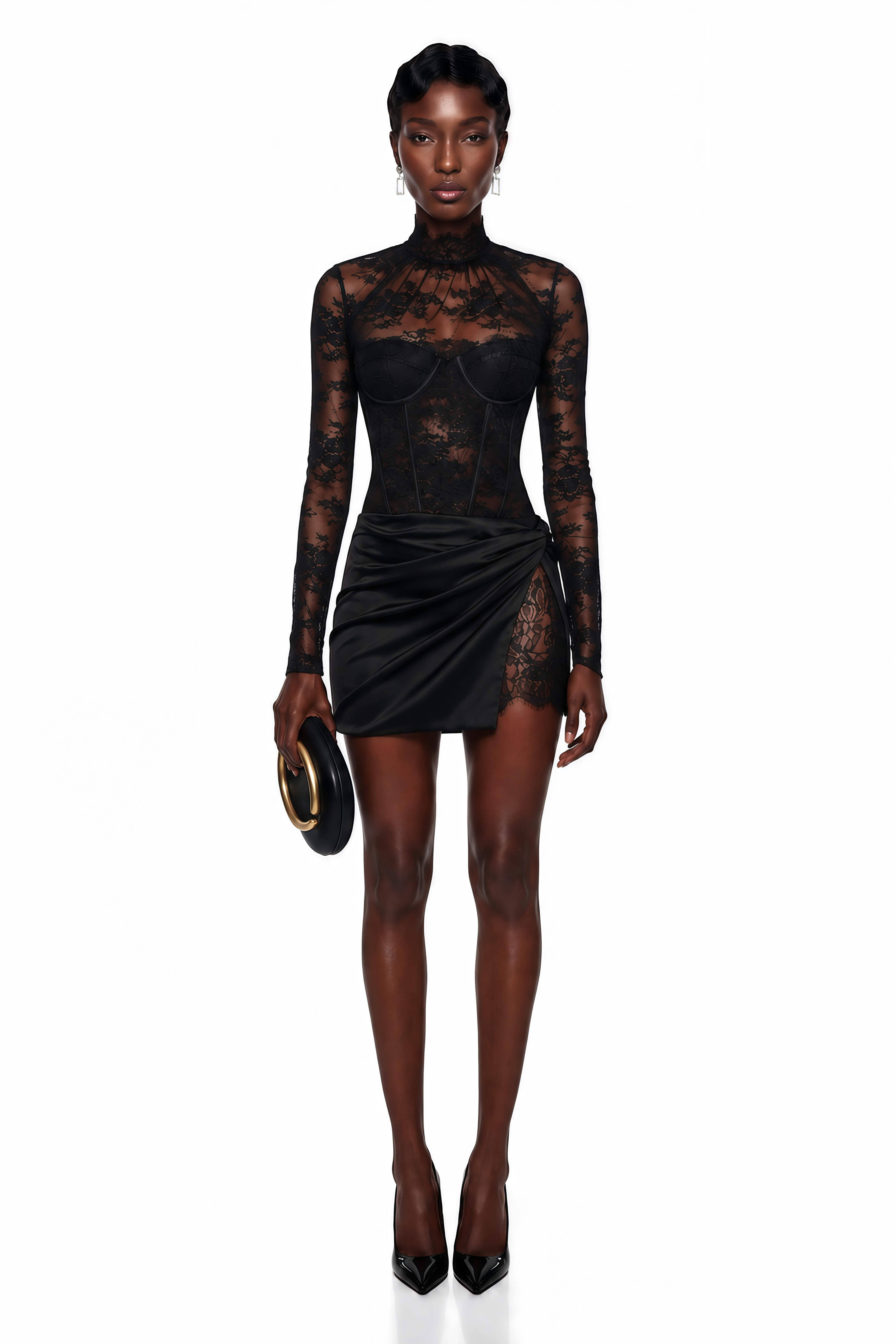 Black long-sleeve lace mini dress with a high-neck corset bodice and draped satin skirt