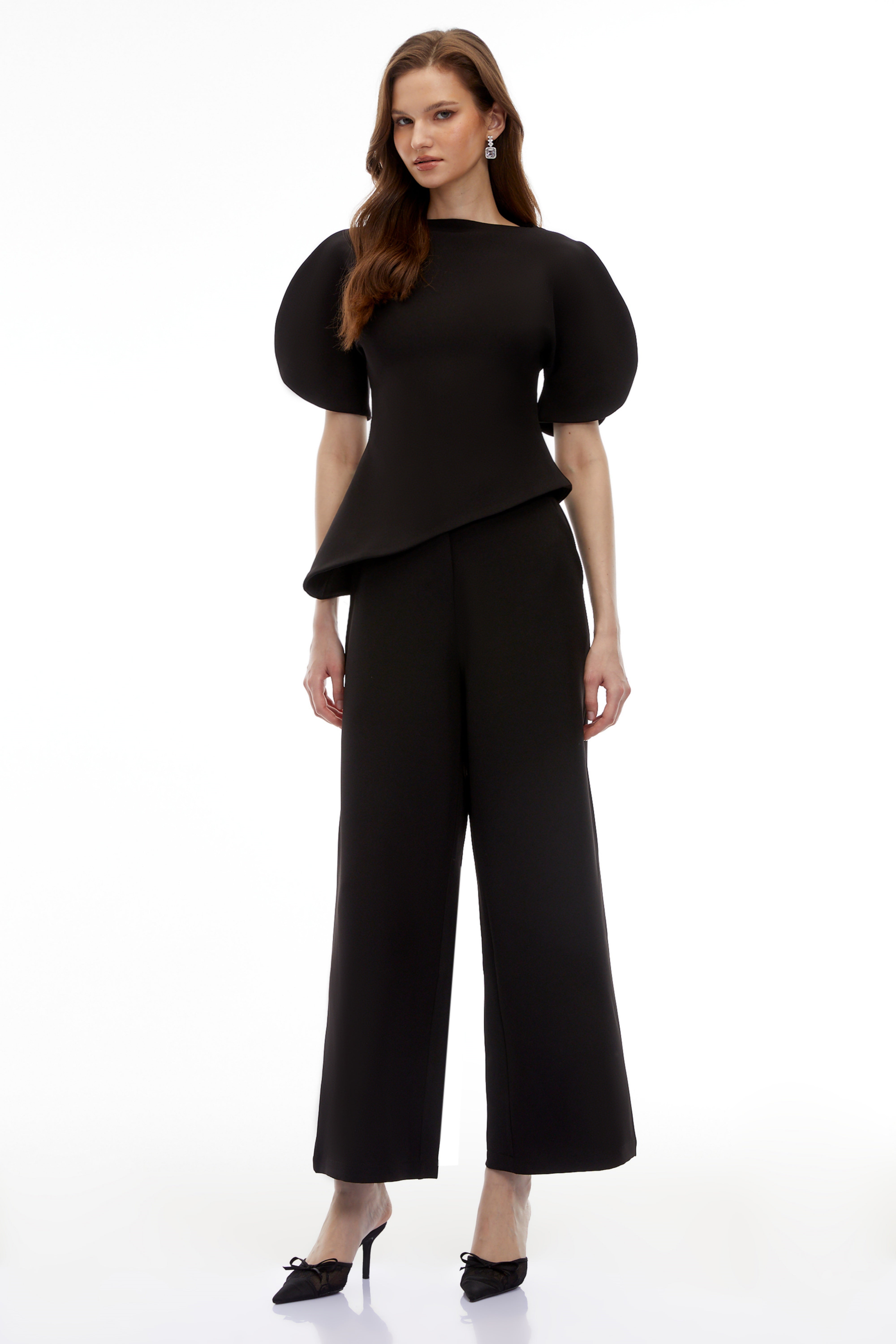 Black Puff Sleeves Asymmetrical Top