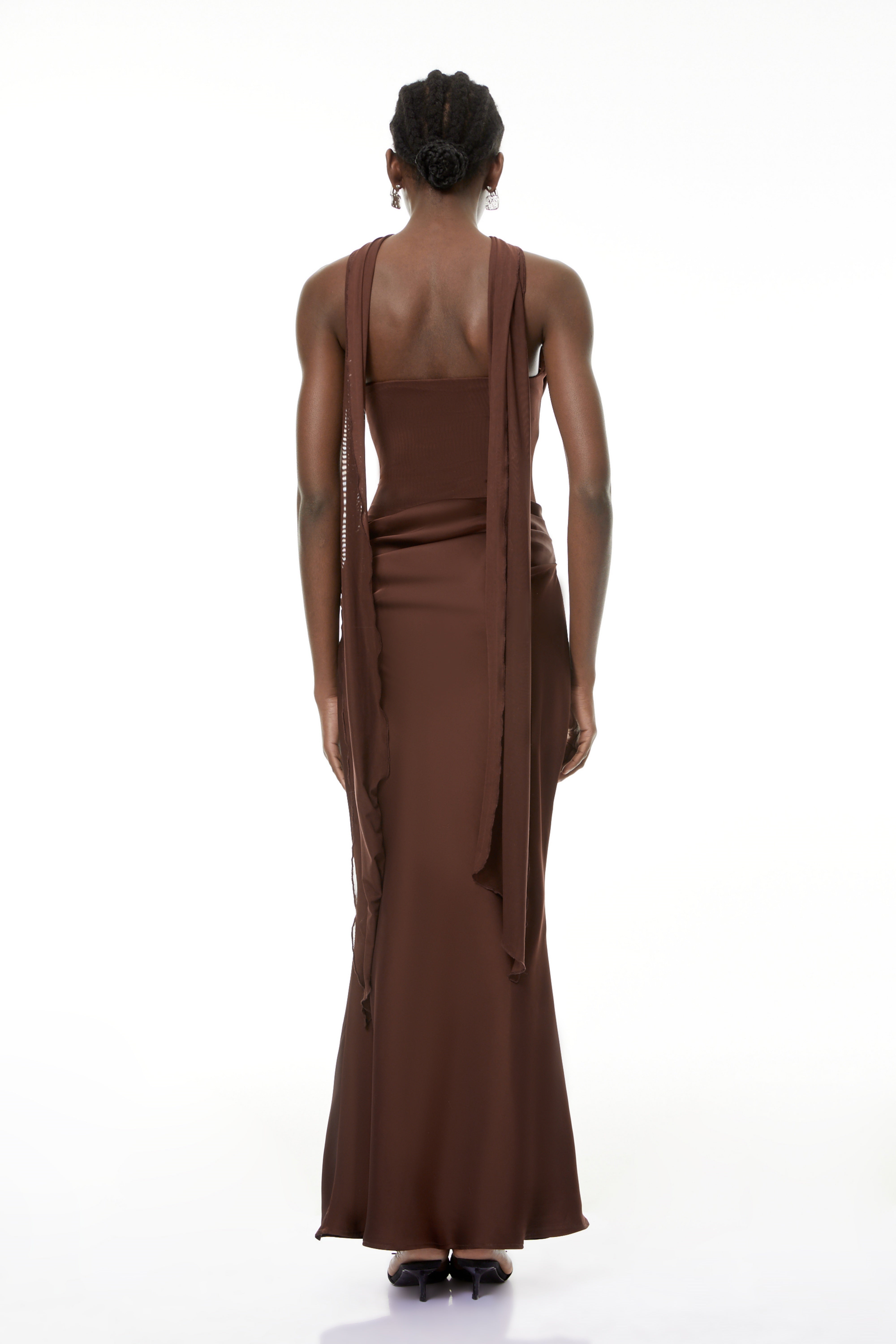 Brown Ruched Corset Maxi Dress