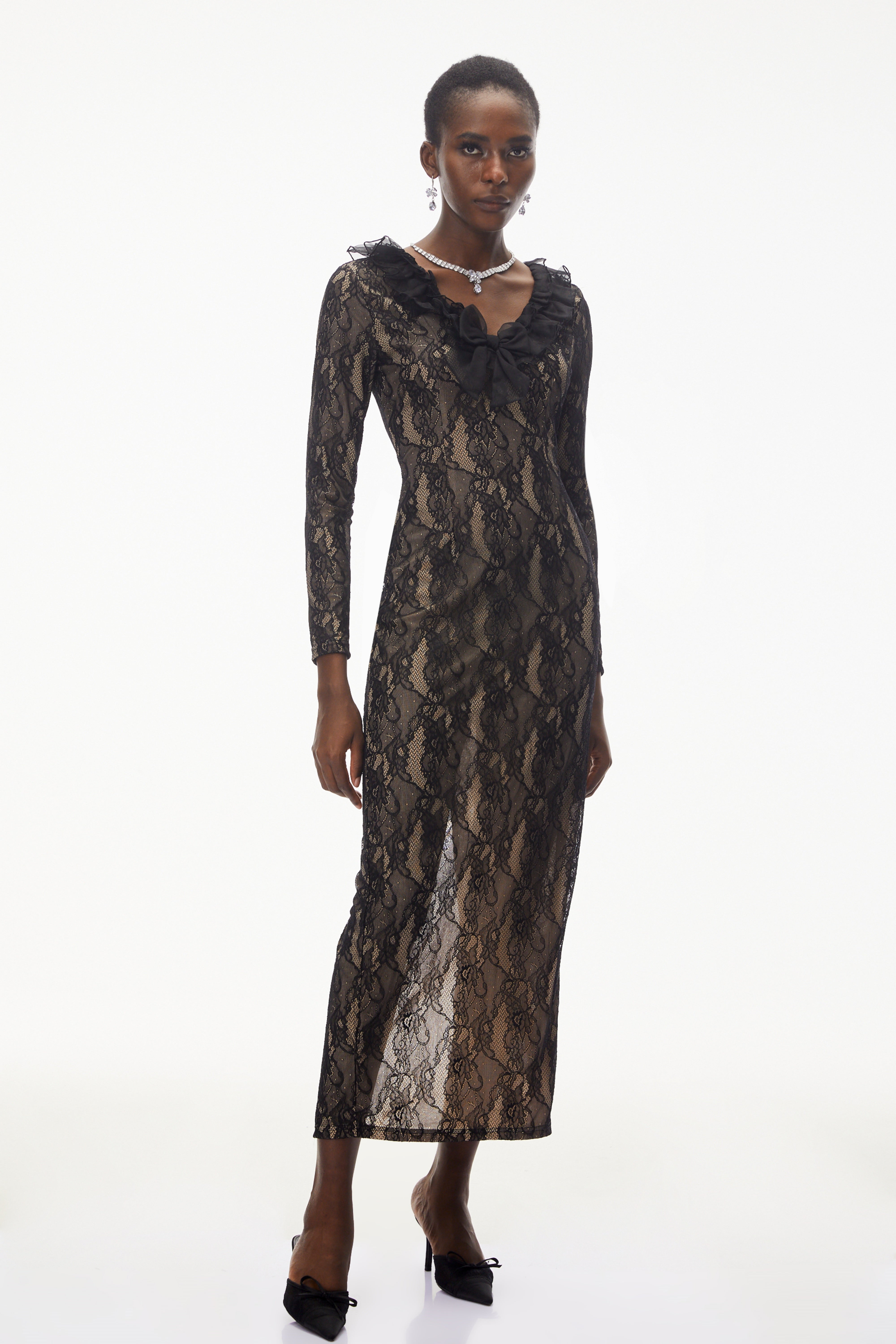 Vesna Black Ruffled Lace Midi Dress (Final Sale)