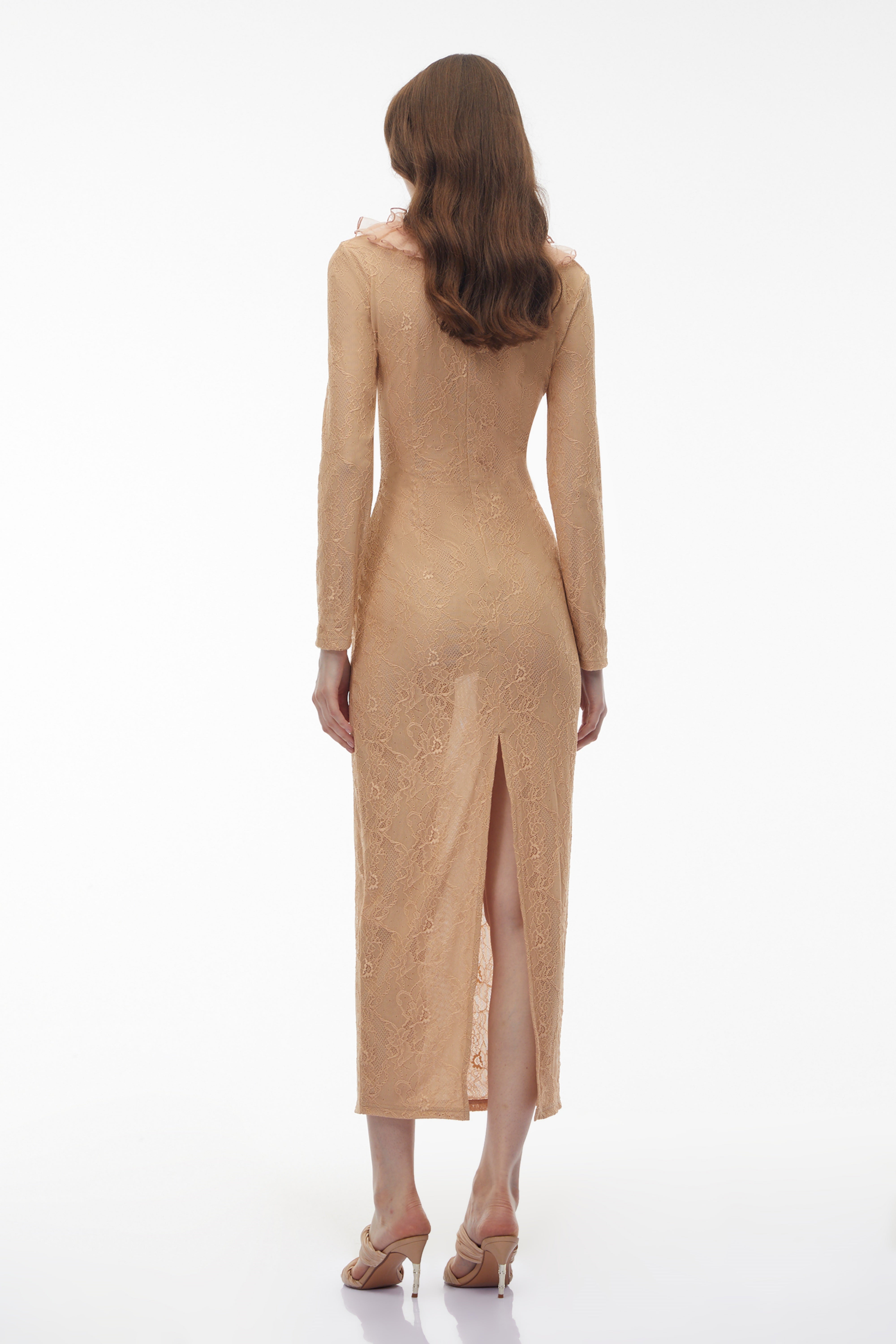 Vesna Neutral Ruffled Lace Midi Dress (Final Sale)