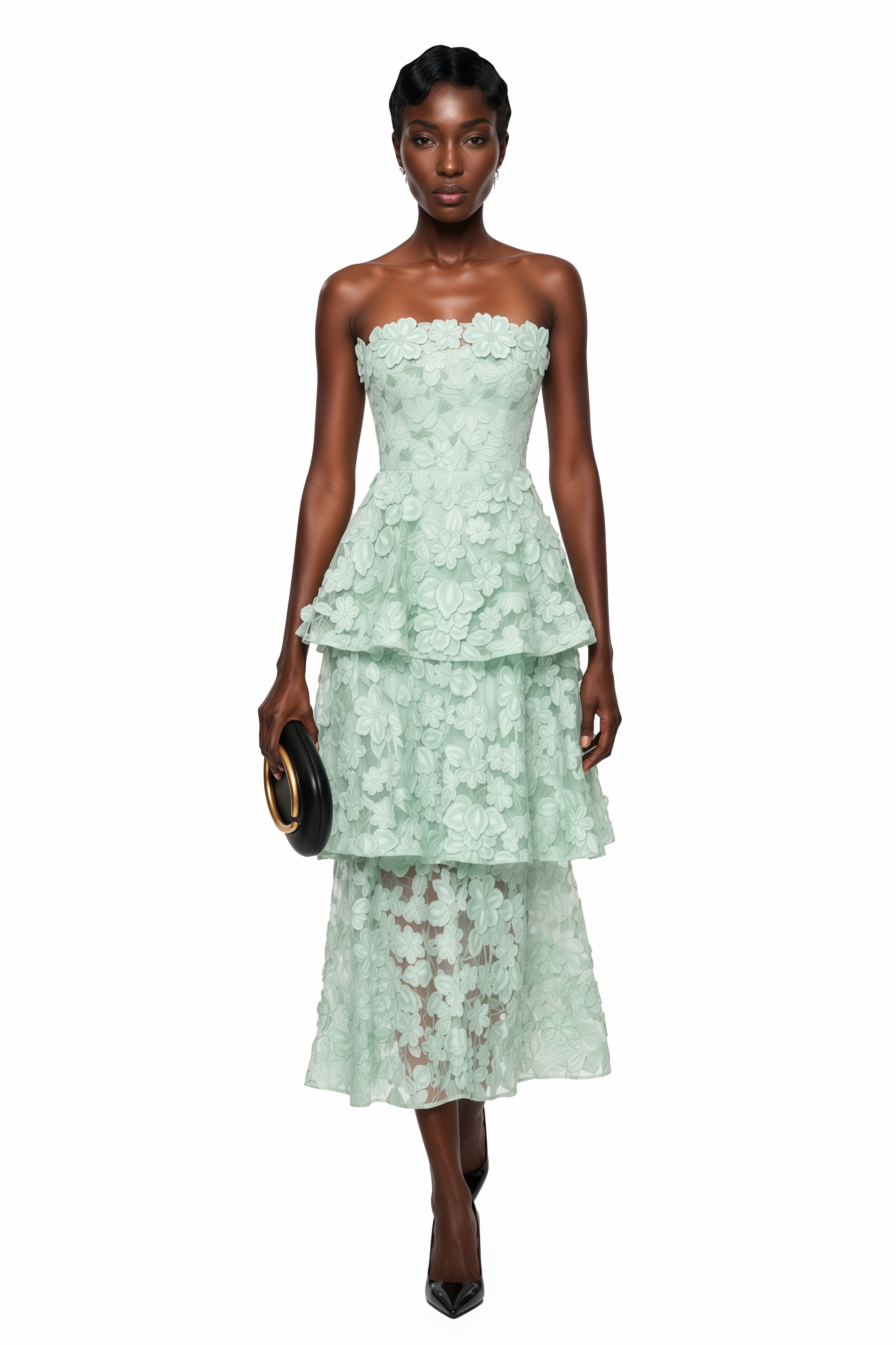 Pale Green Strapless Tea-Length Dress with All-Over Floral Applique and Tiered Layers