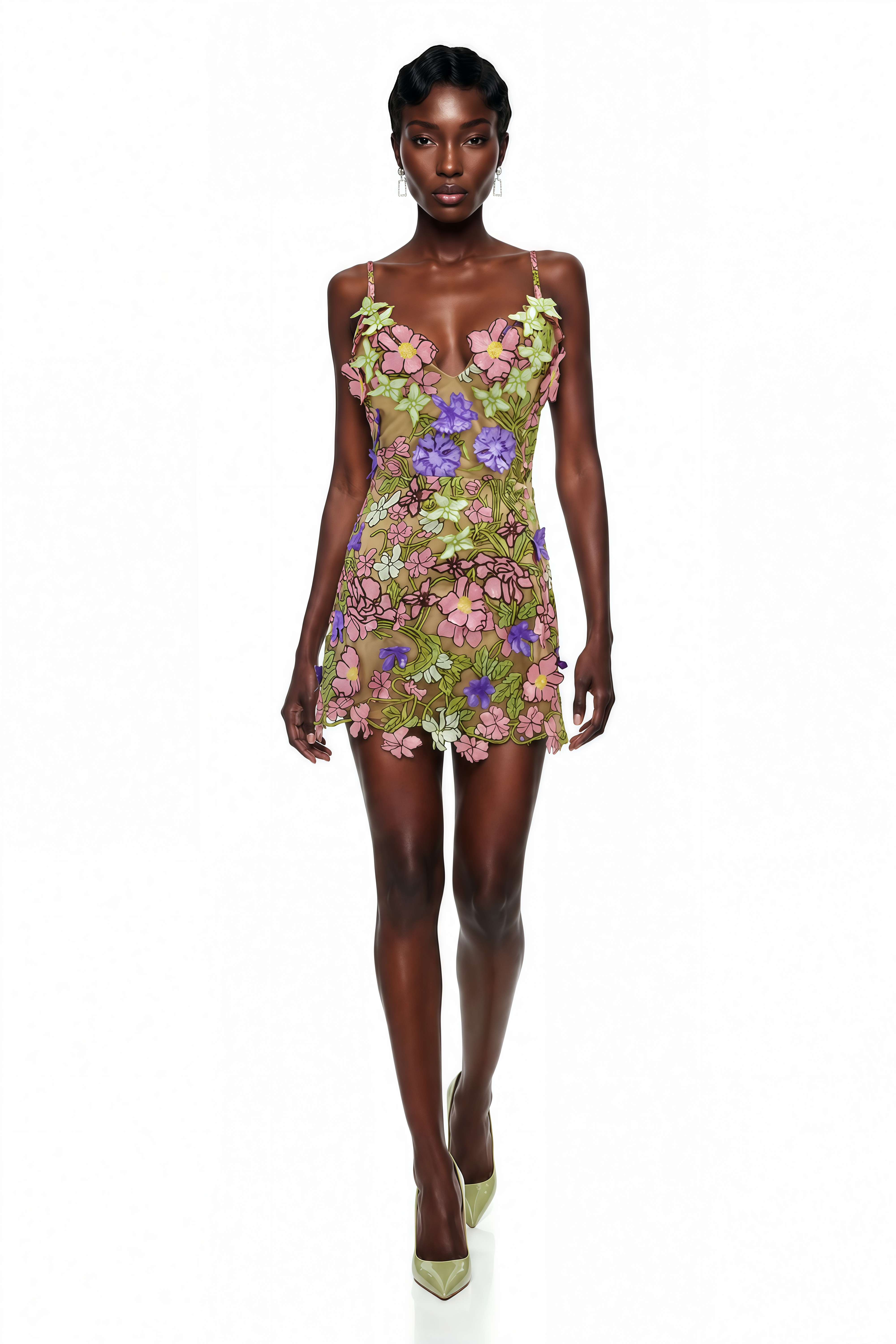 Wakatipu Green V-Neck Mini Dress with 3D Florals (Final Sale-US Only)