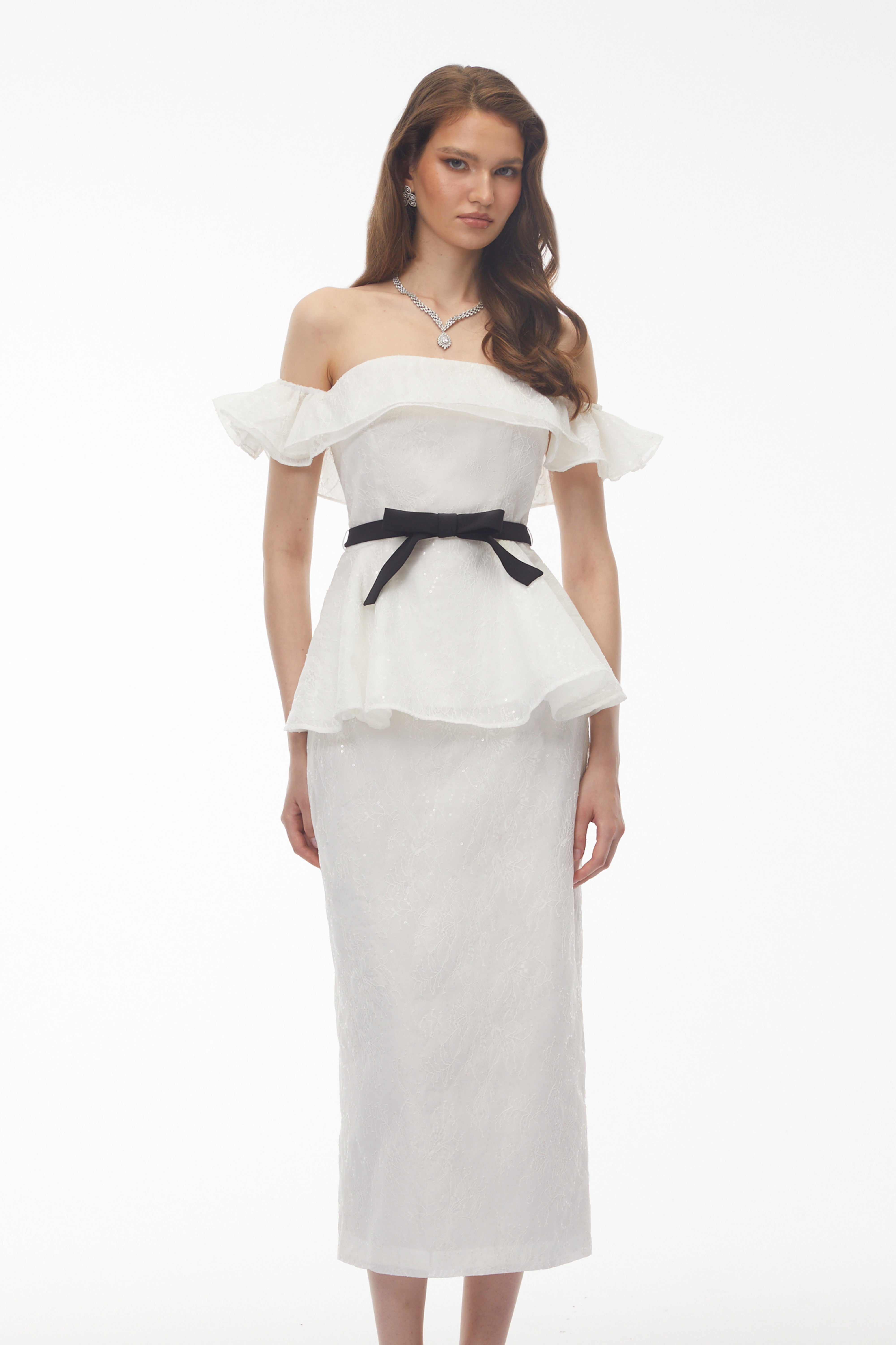 Willow White Off Shoulder Lace Top & Midi Skirt Set (Final Sale)