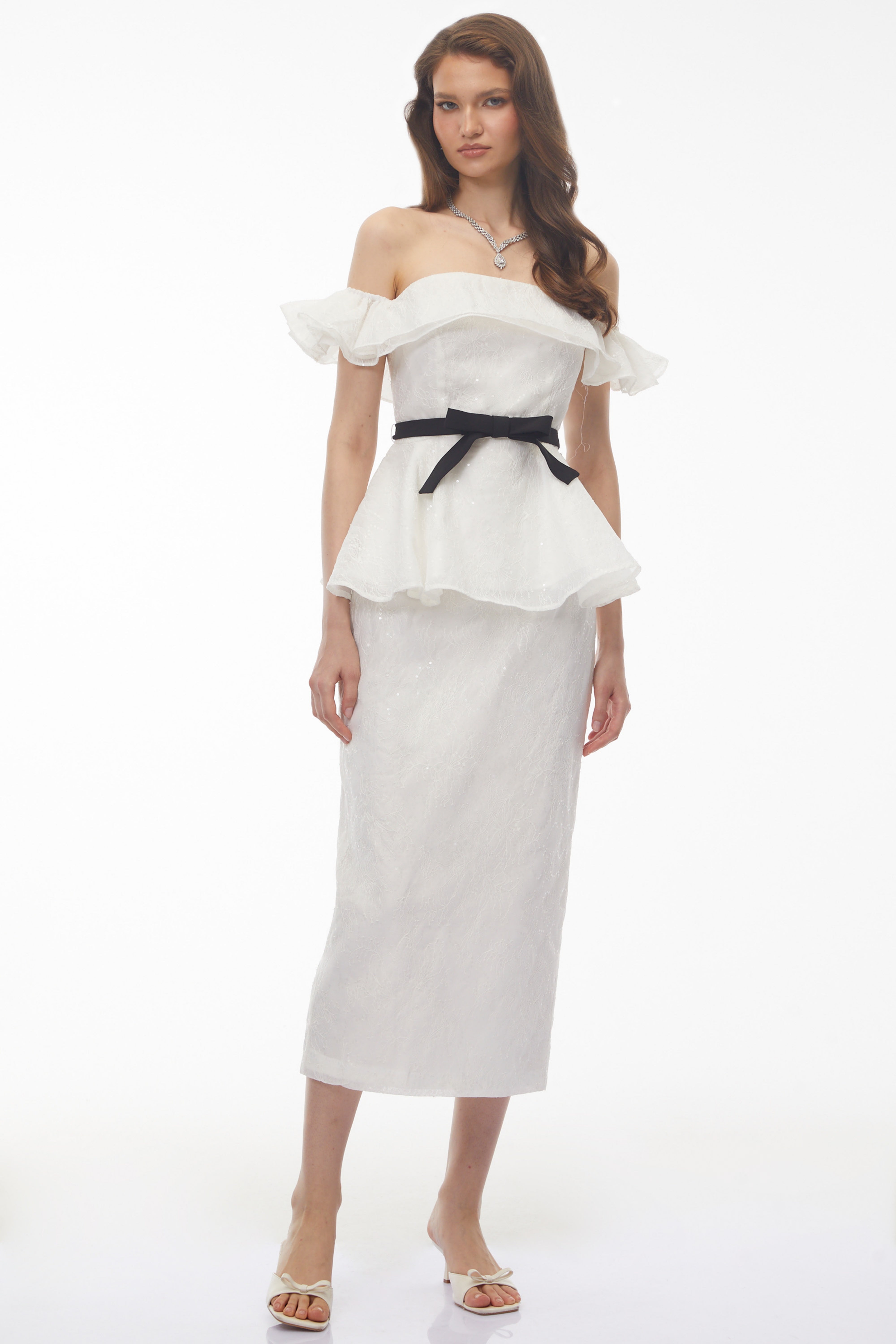 Willow White Off Shoulder Lace Top & Midi Skirt Set (Final Sale)