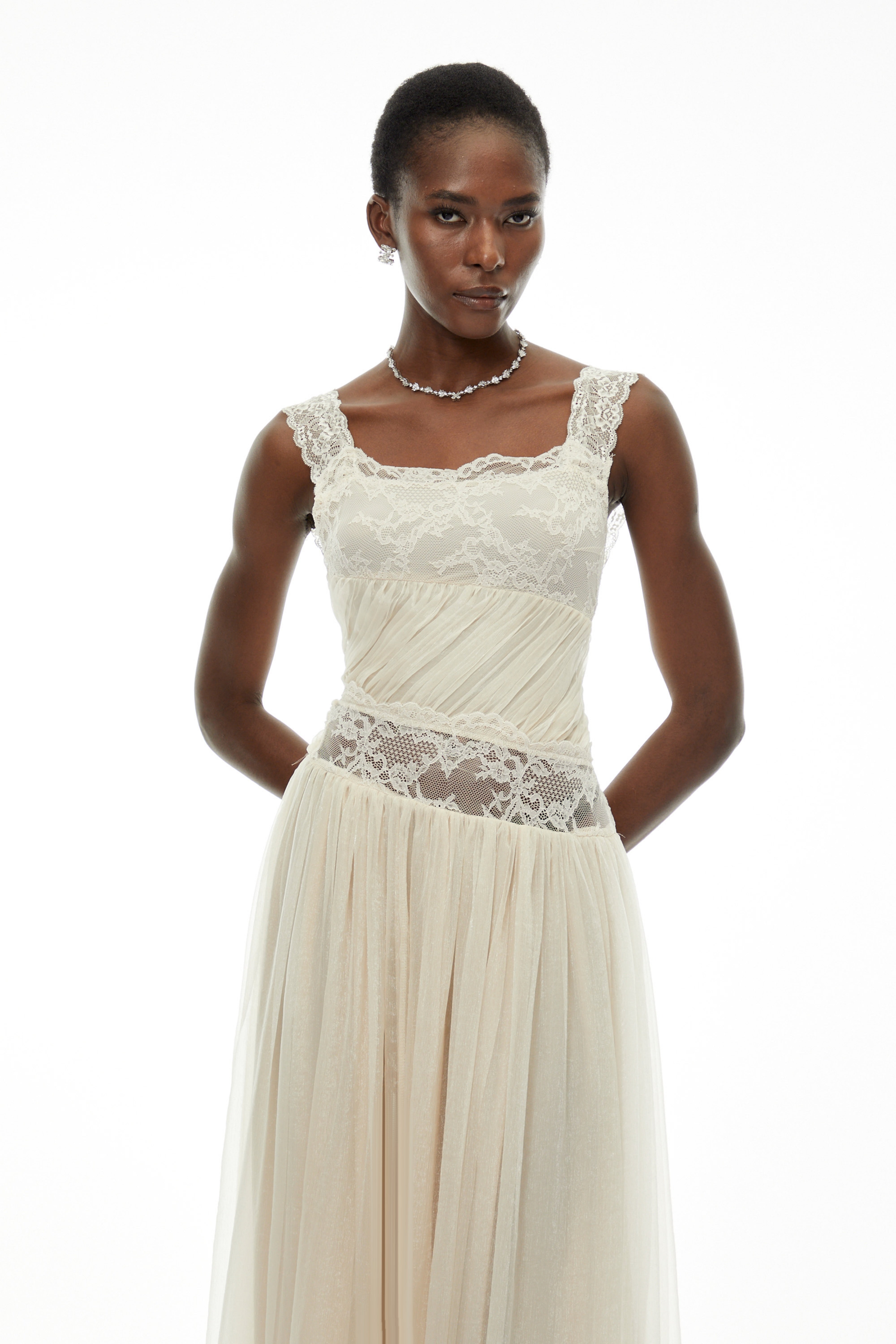 Wolfgang White Pleated Maxi Dress with Lace Panels (Final Sale)