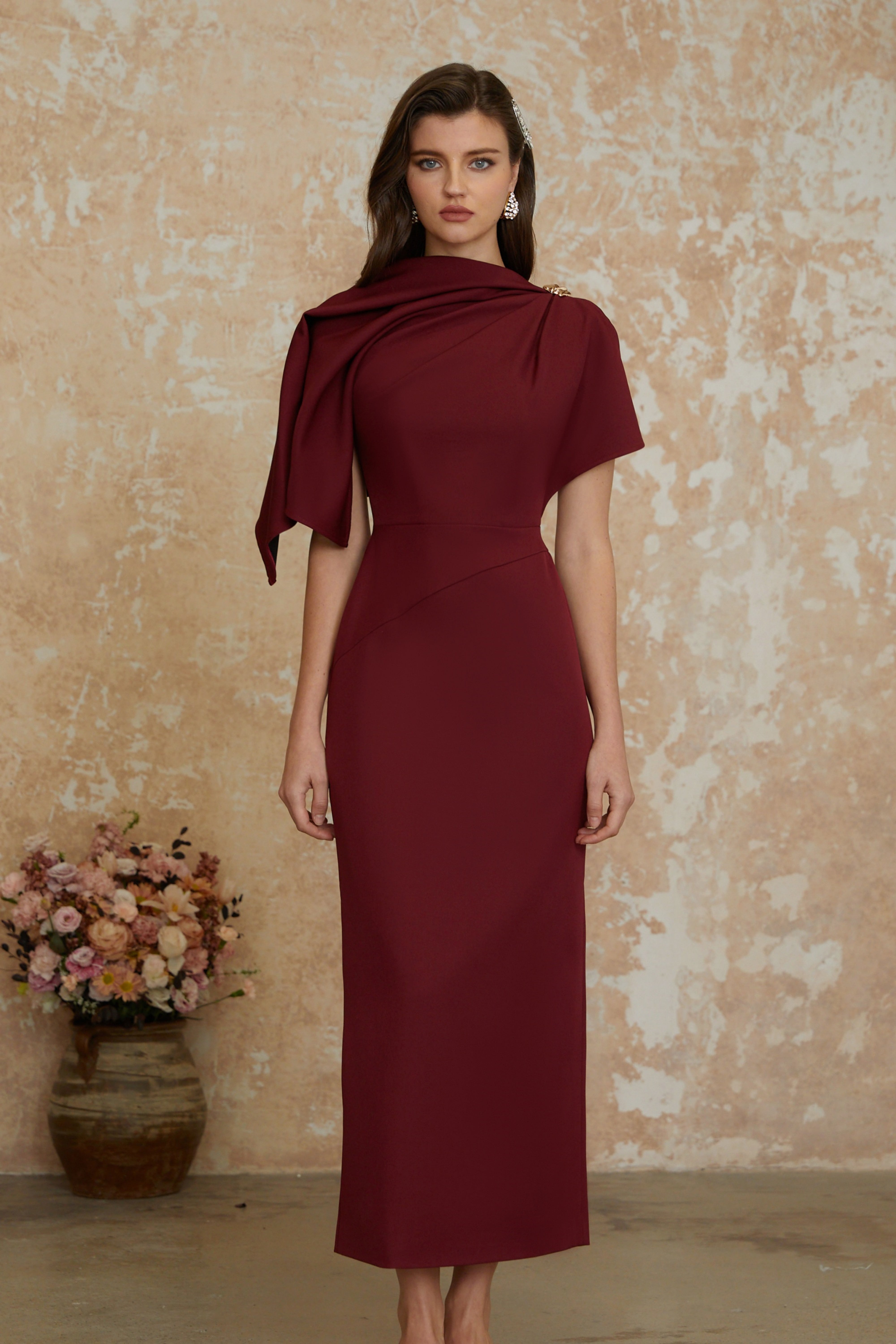 Wren Burgundy Asymmetrical Cape Maxi Dress (Final Sale-US Only)