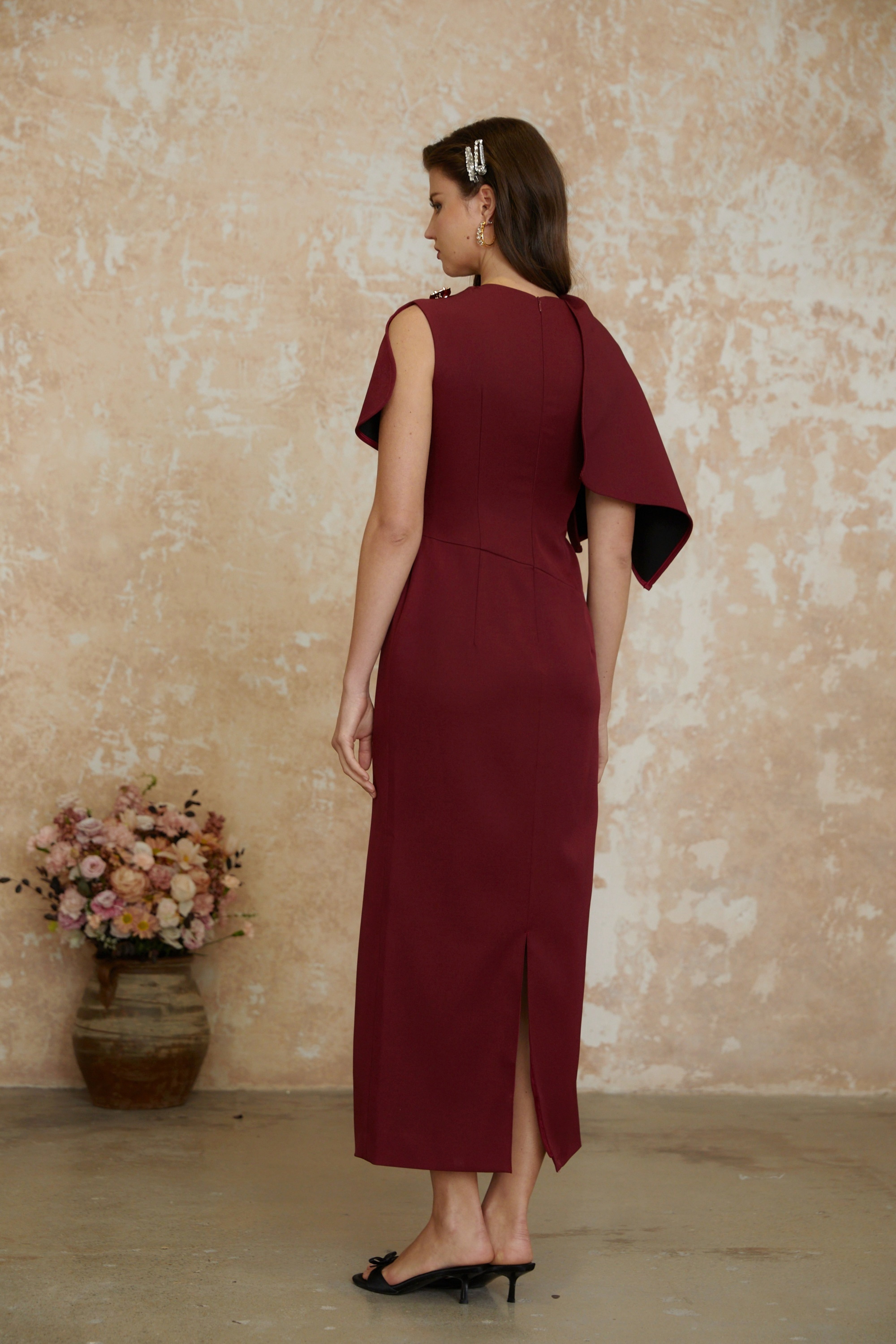 Wren Burgundy Asymmetrical Cape Maxi Dress (Final Sale-US Only)